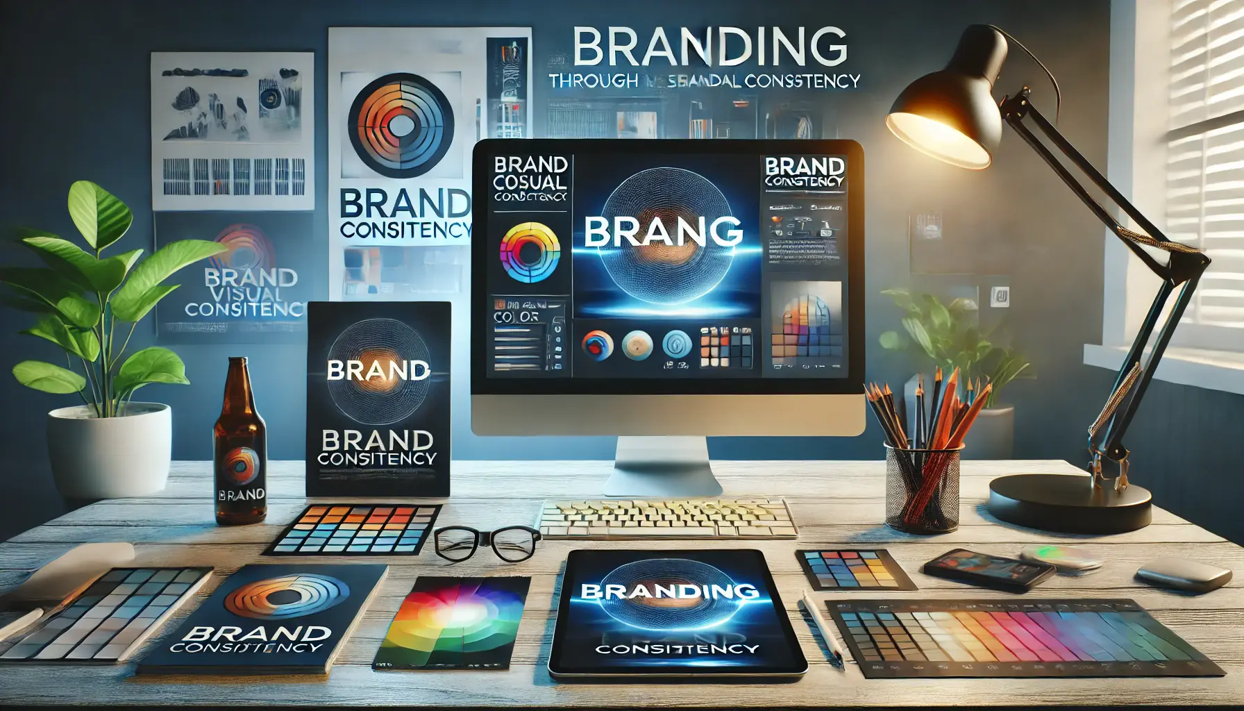 Workspace featuring branding elements such as logo design on a tablet, brand color swatches, and cohesive visuals on a monitor.