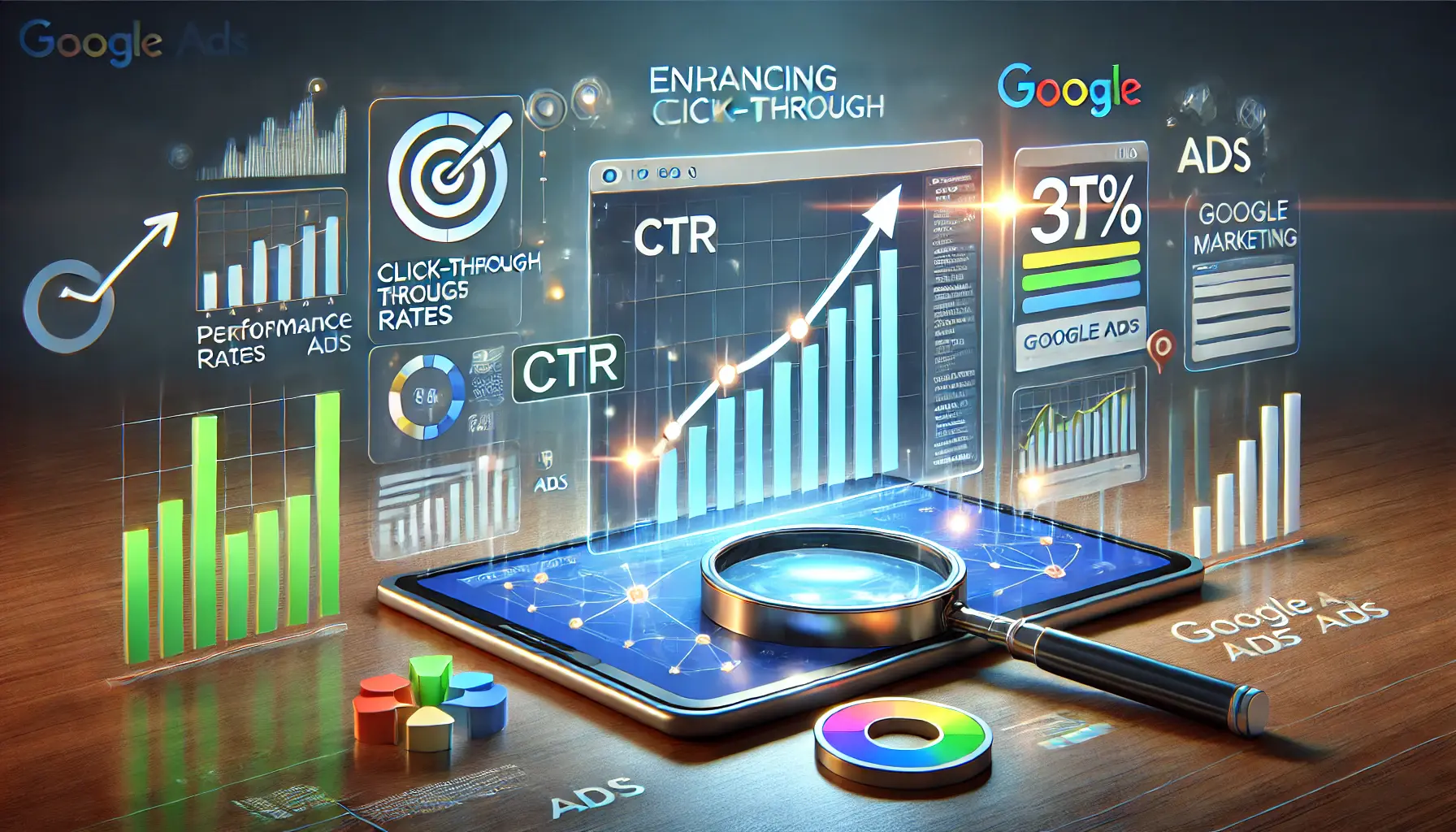 A digital screen showing a rising CTR graph and performance analytics, surrounded by a magnifying glass and targeting icons symbolizing precision and improvement.