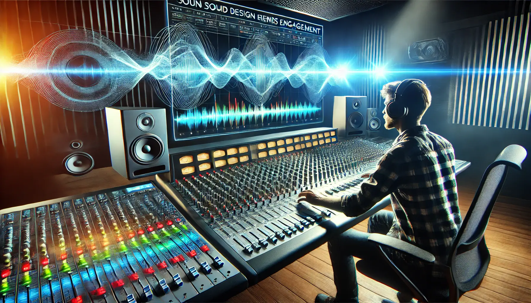 A dynamic sound design studio scene with an engineer adjusting audio levels and visualizing sound waves on a screen.