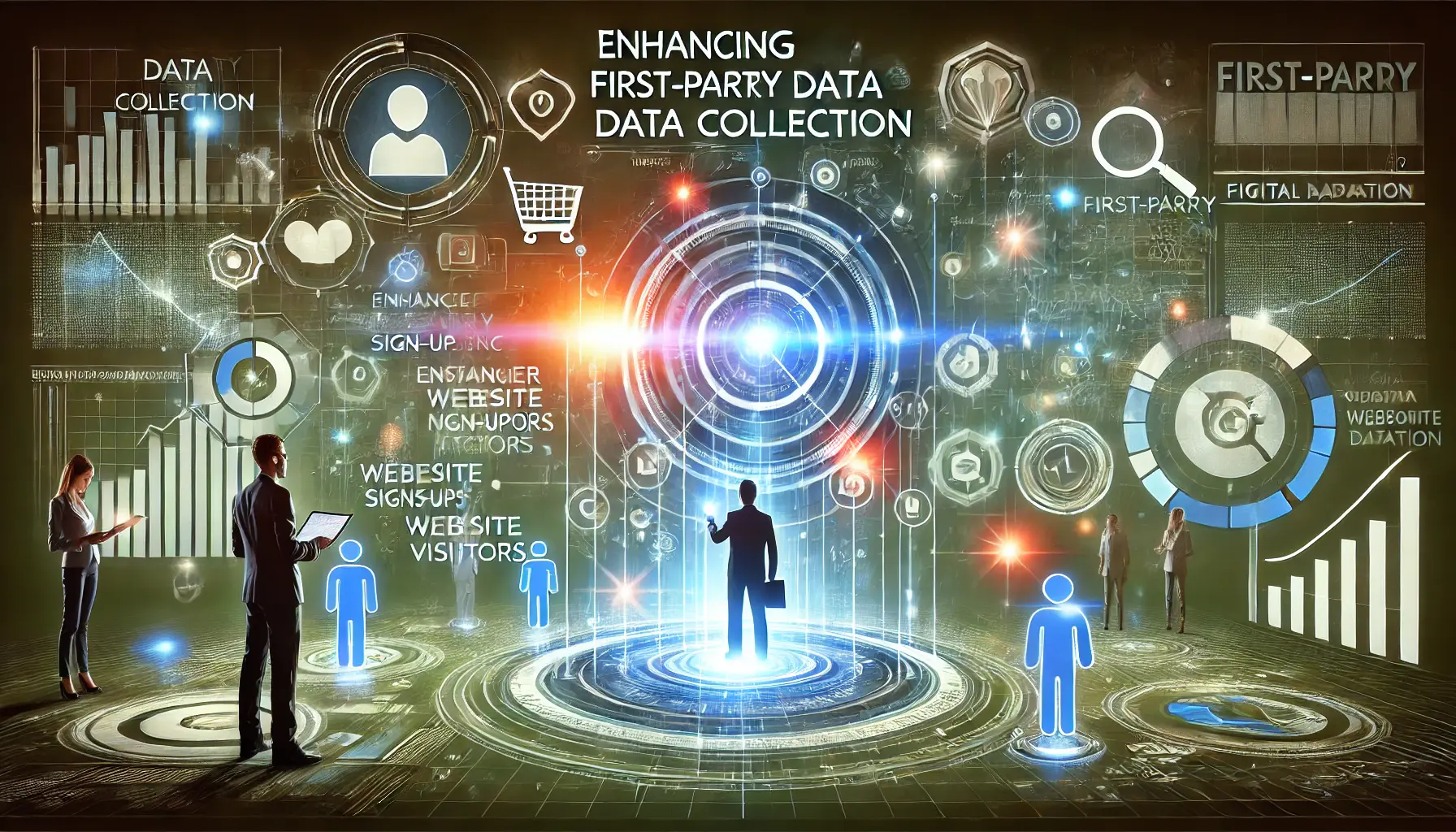 An image illustrating the concept of enhancing first-party data collection with abstract representations of user interactions and analytics.