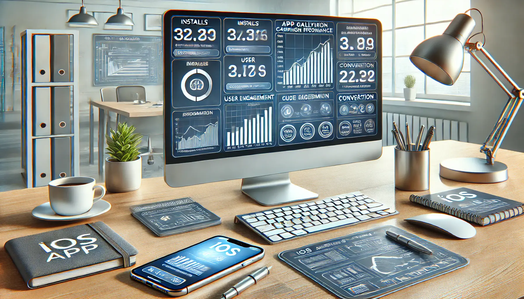 A workspace with a computer screen displaying iOS app campaign performance metrics and an iPhone showing app analytics.