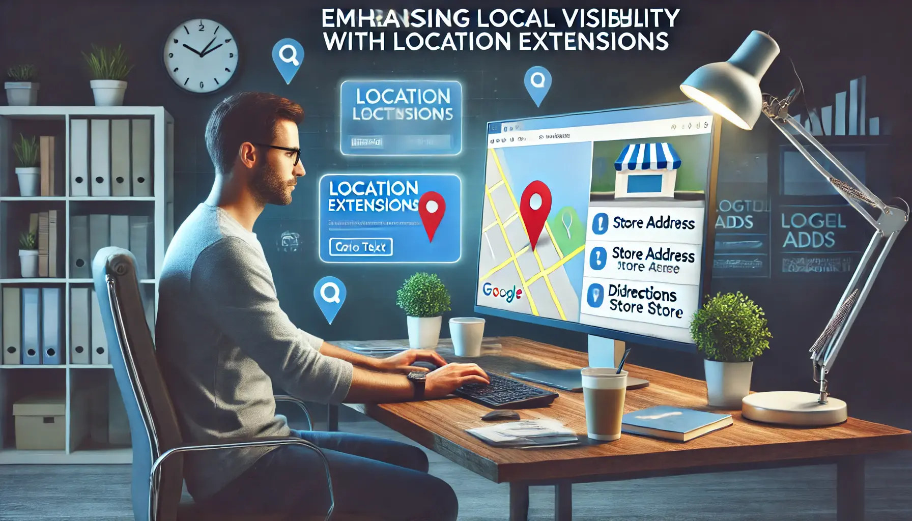 Digital marketing professional optimizing Google Ads campaign with location extensions, displaying a map and store address.