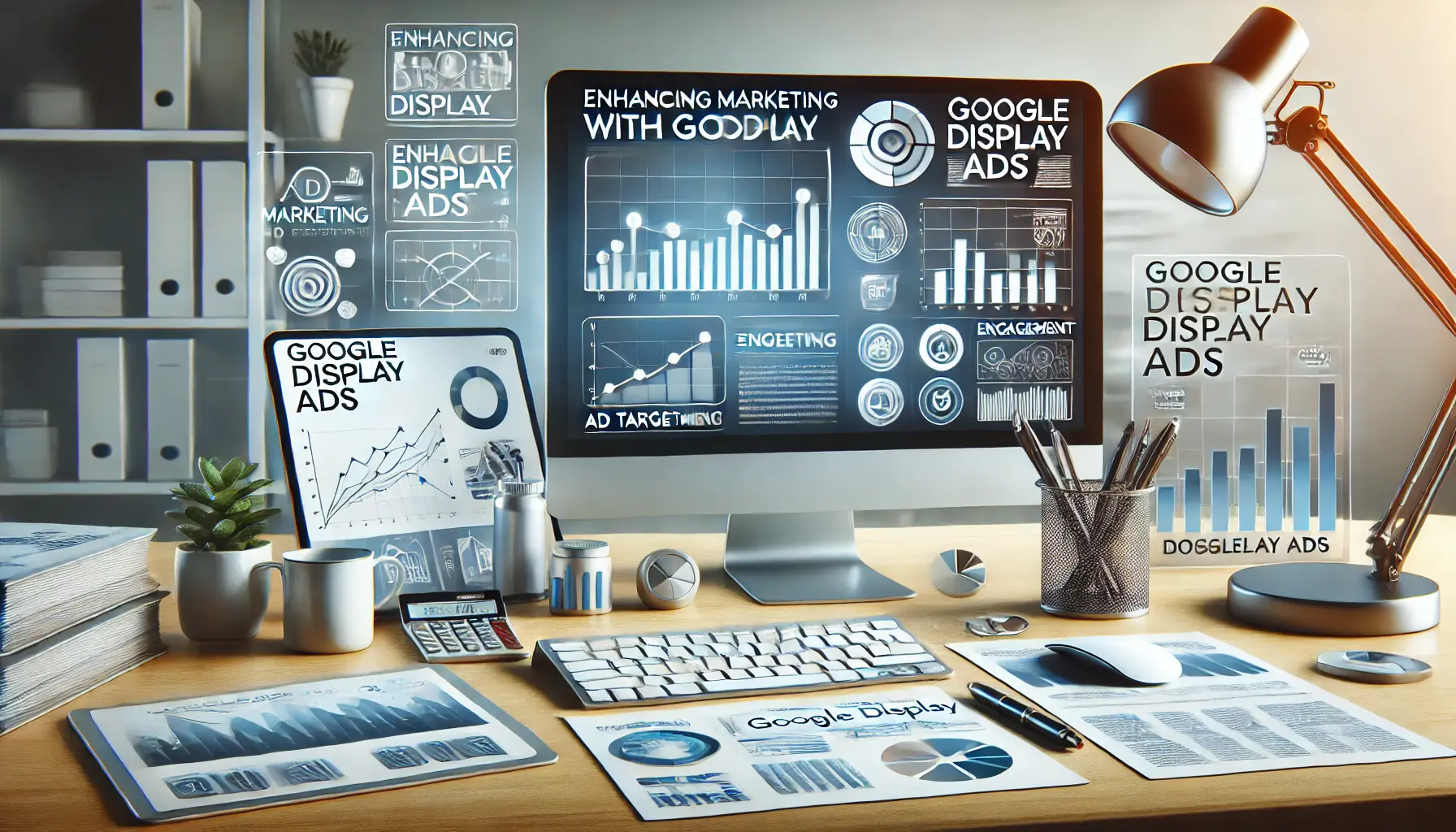 A digital marketing workspace showcasing Google Display Ads on computer and tablet screens, surrounded by charts and analytics icons on a clean desk.