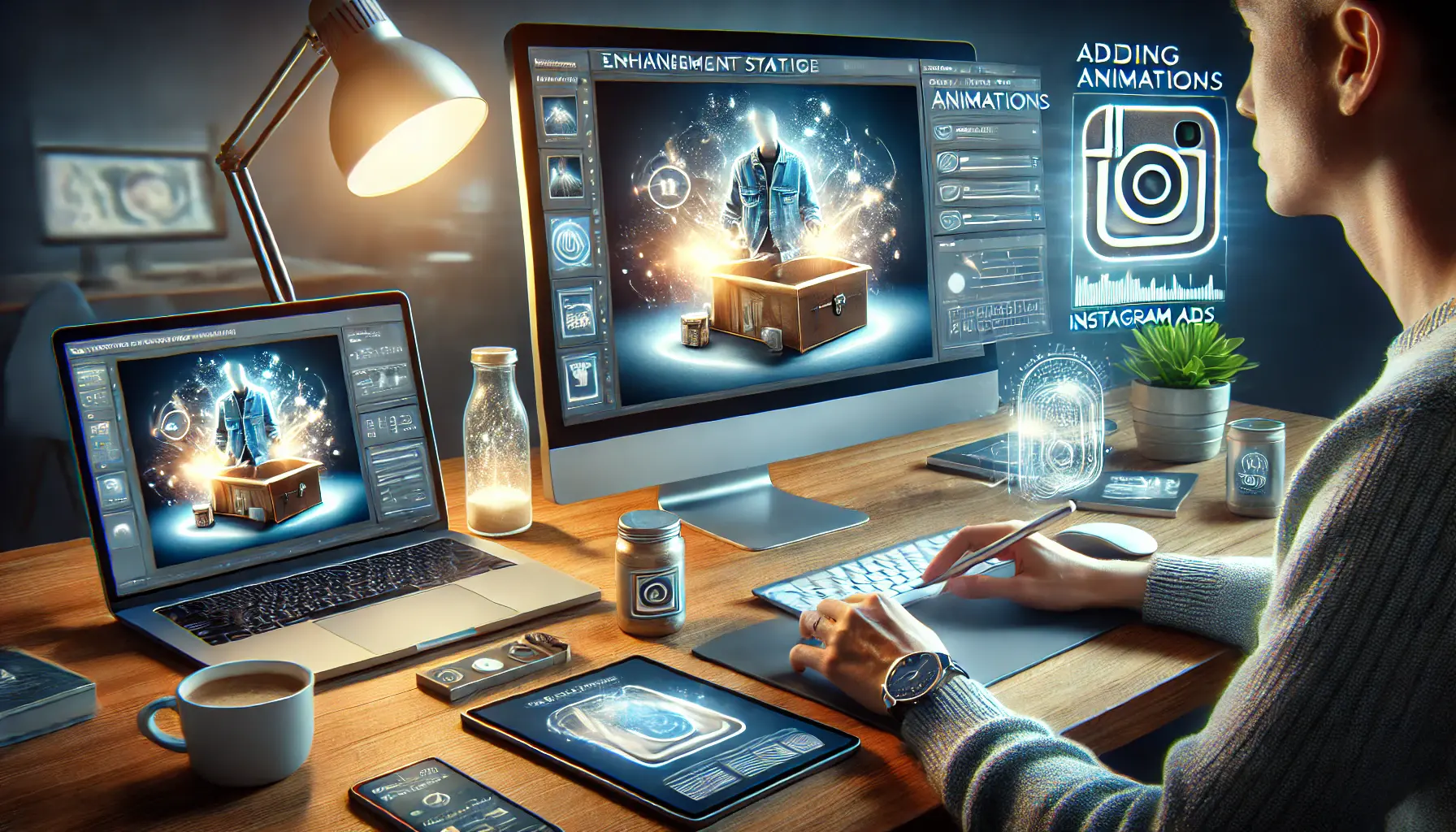 A digital marketer working on a computer, enhancing a static product image with subtle animations like glowing effects in a modern workspace.