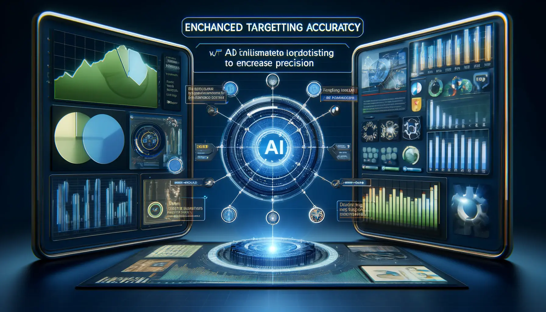 AI algorithms adjusting targeting strategies and visualizing data connections for enhanced ad targeting accuracy.