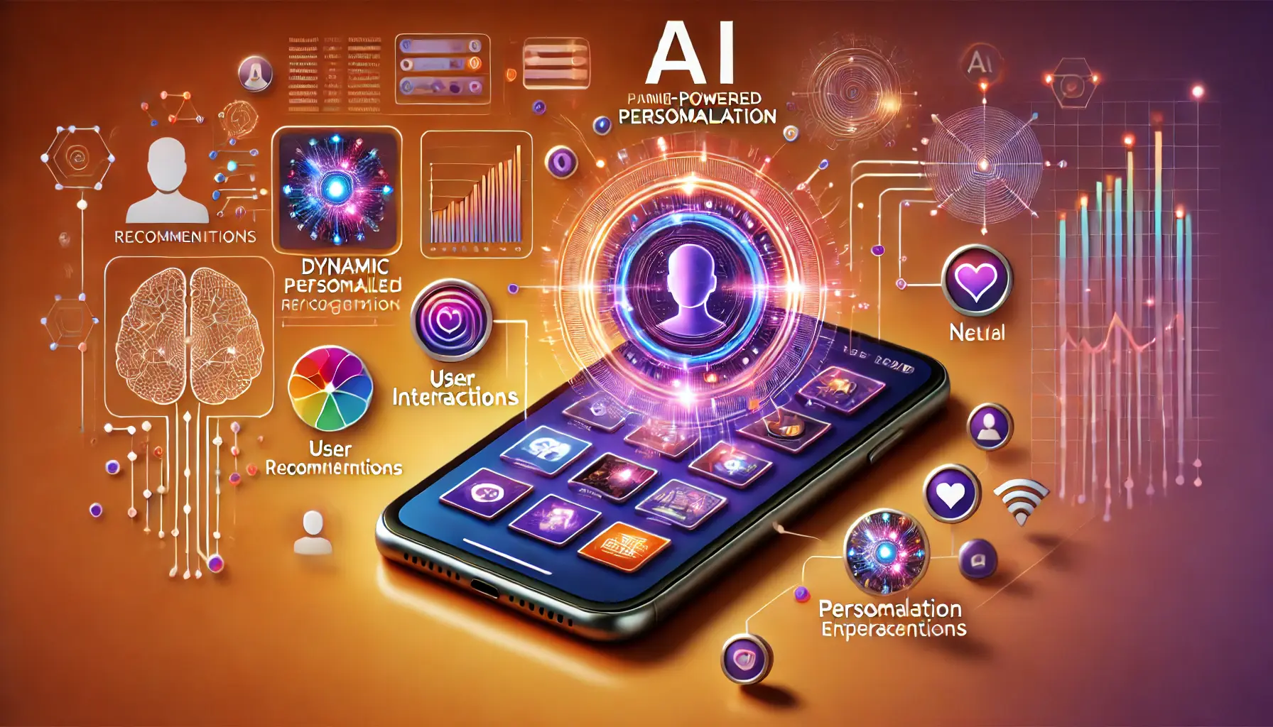 An image depicting AI-powered personalization, with a mobile device showing personalized content and user engagement icons.