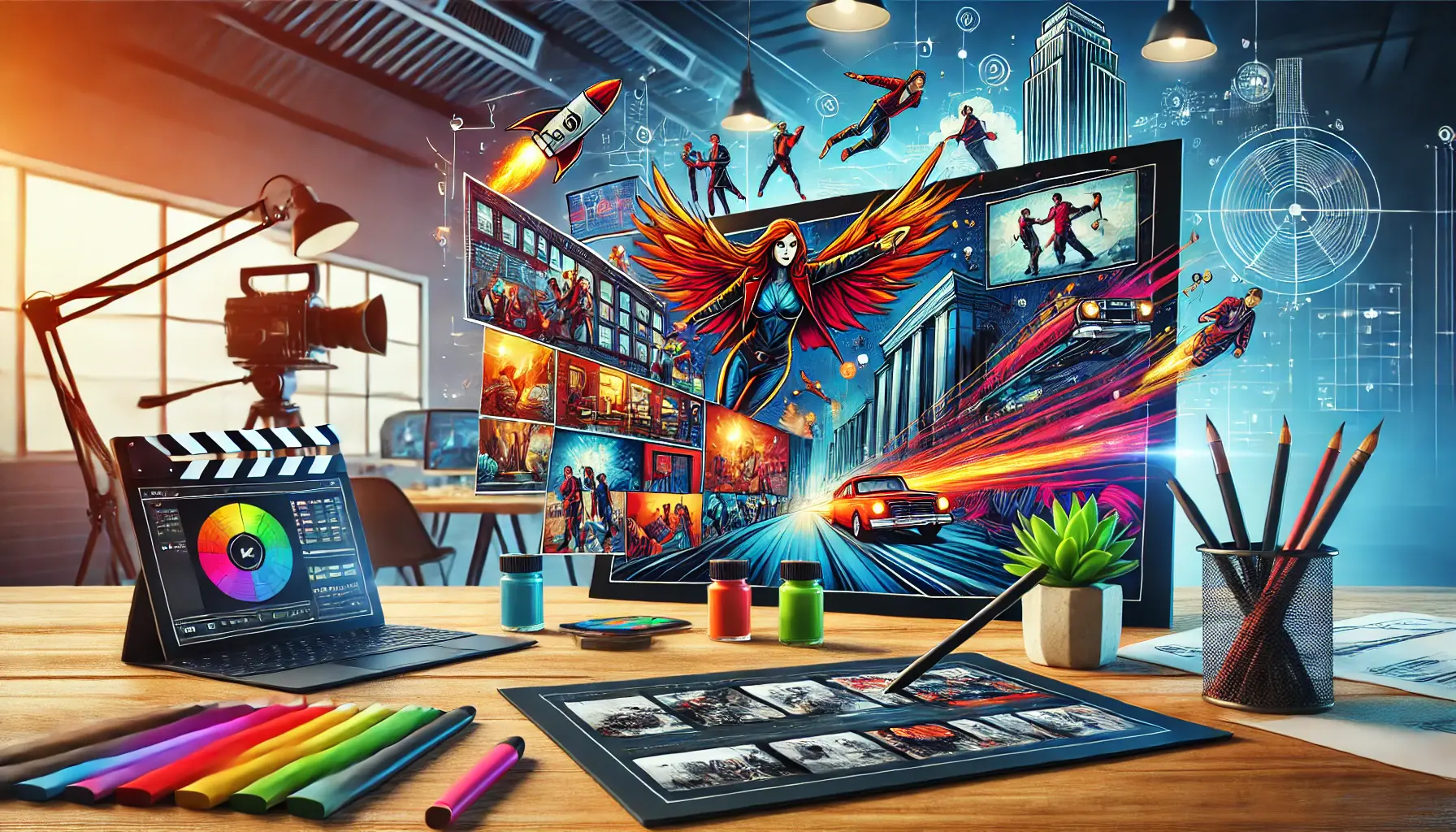 A modern workspace featuring a storyboard with high-quality, vibrant visuals and action-filled scenes, emphasizing the importance of engaging visuals in storyboarding.