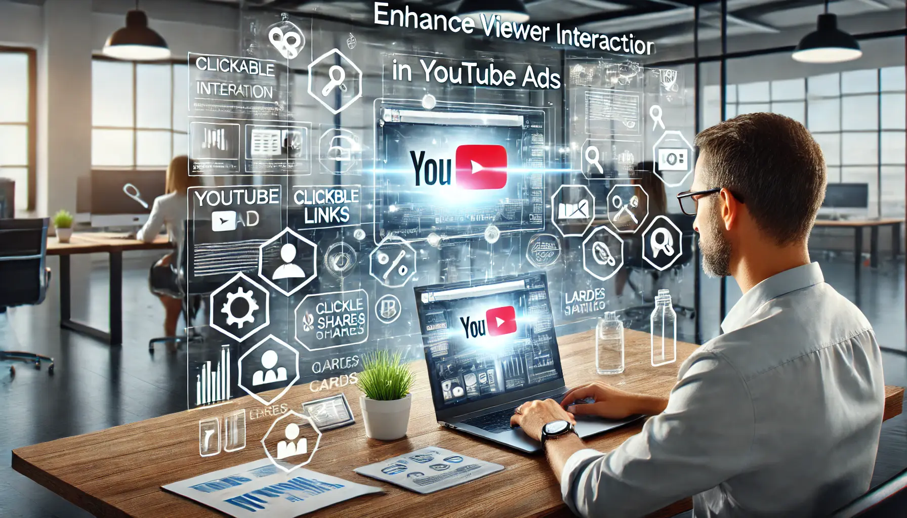 A digital marketing professional reviewing YouTube ad analytics with interactive elements like clickable links, cards, and engagement prompts on the screen.