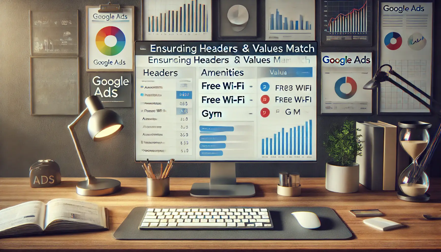 A Google Ads dashboard showing headers like 'Amenities' paired with correctly matching values such as 'Free Wi-Fi' and 'Gym,' in a modern workspace.