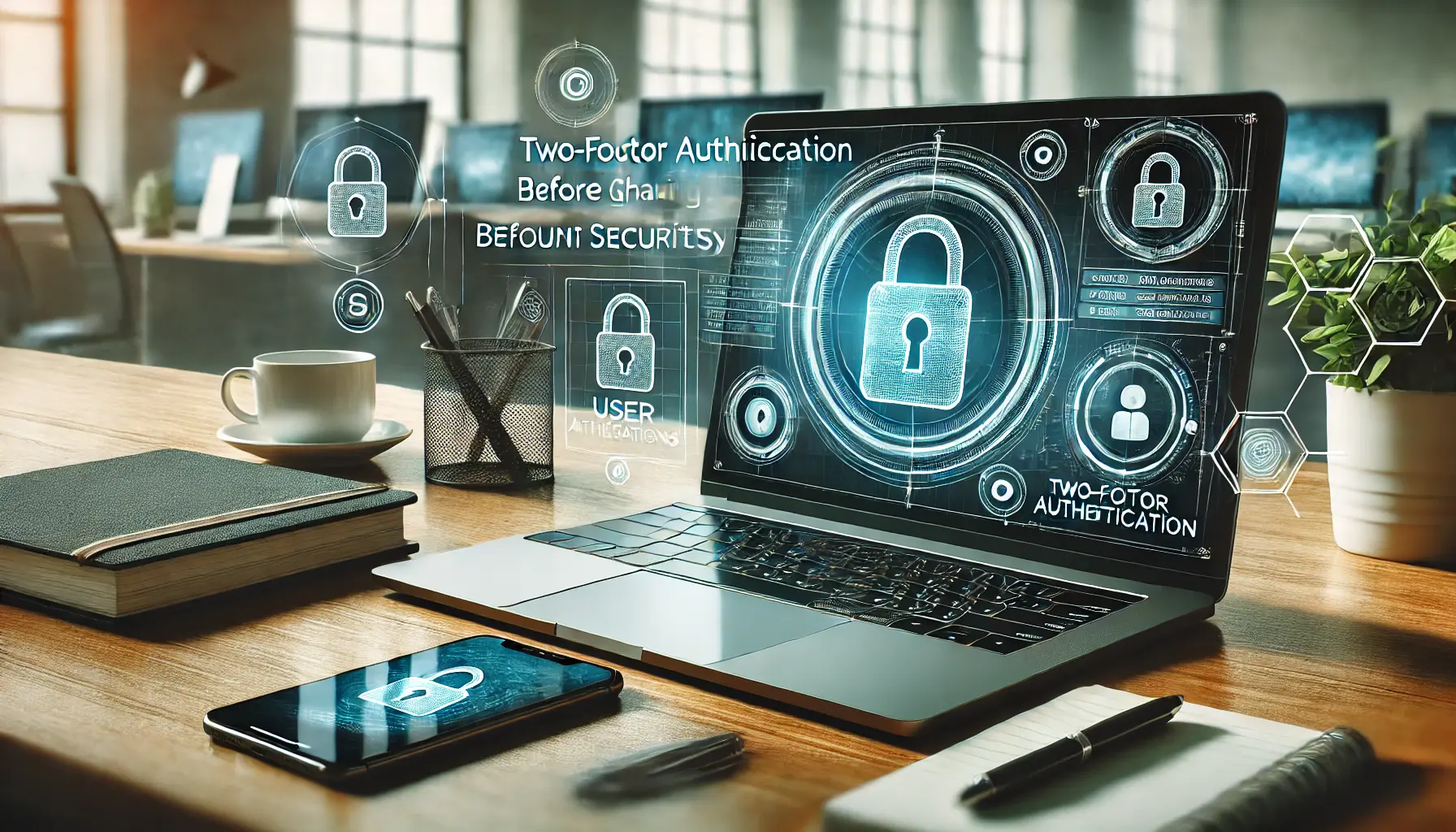 A workspace with a laptop displaying a security dashboard, a smartphone, and a notepad, symbolizing measures to ensure account security before sharing access.