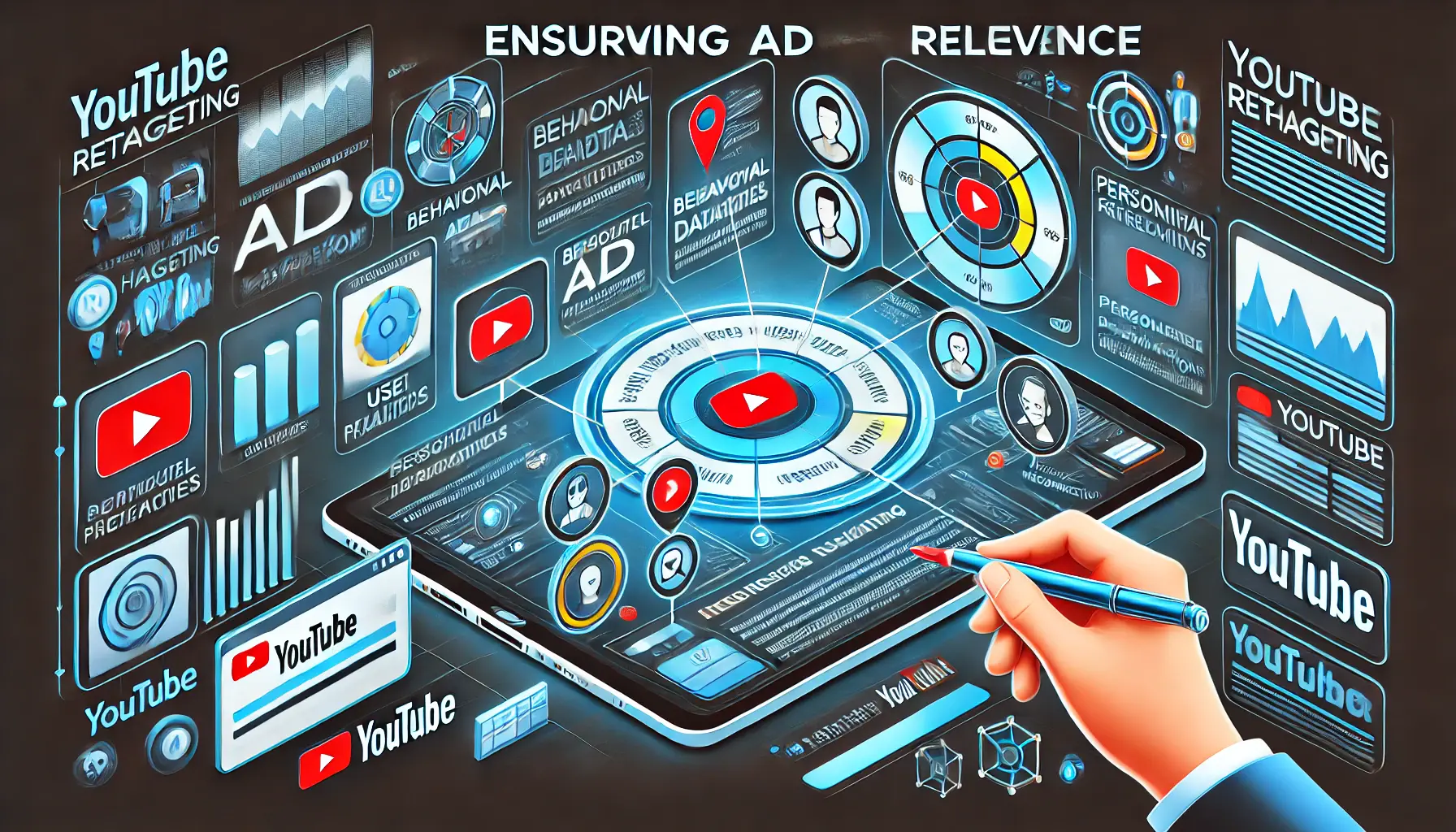 An image illustrating the concept of ensuring ad relevance in YouTube retargeting, with a dashboard showing personalized ads tailored to different user profiles.