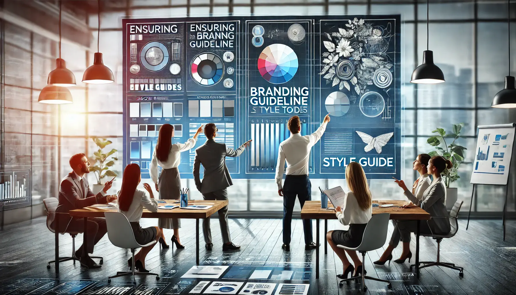 Image showing marketing professionals reviewing a branding guideline document on a large screen in a modern office setting.