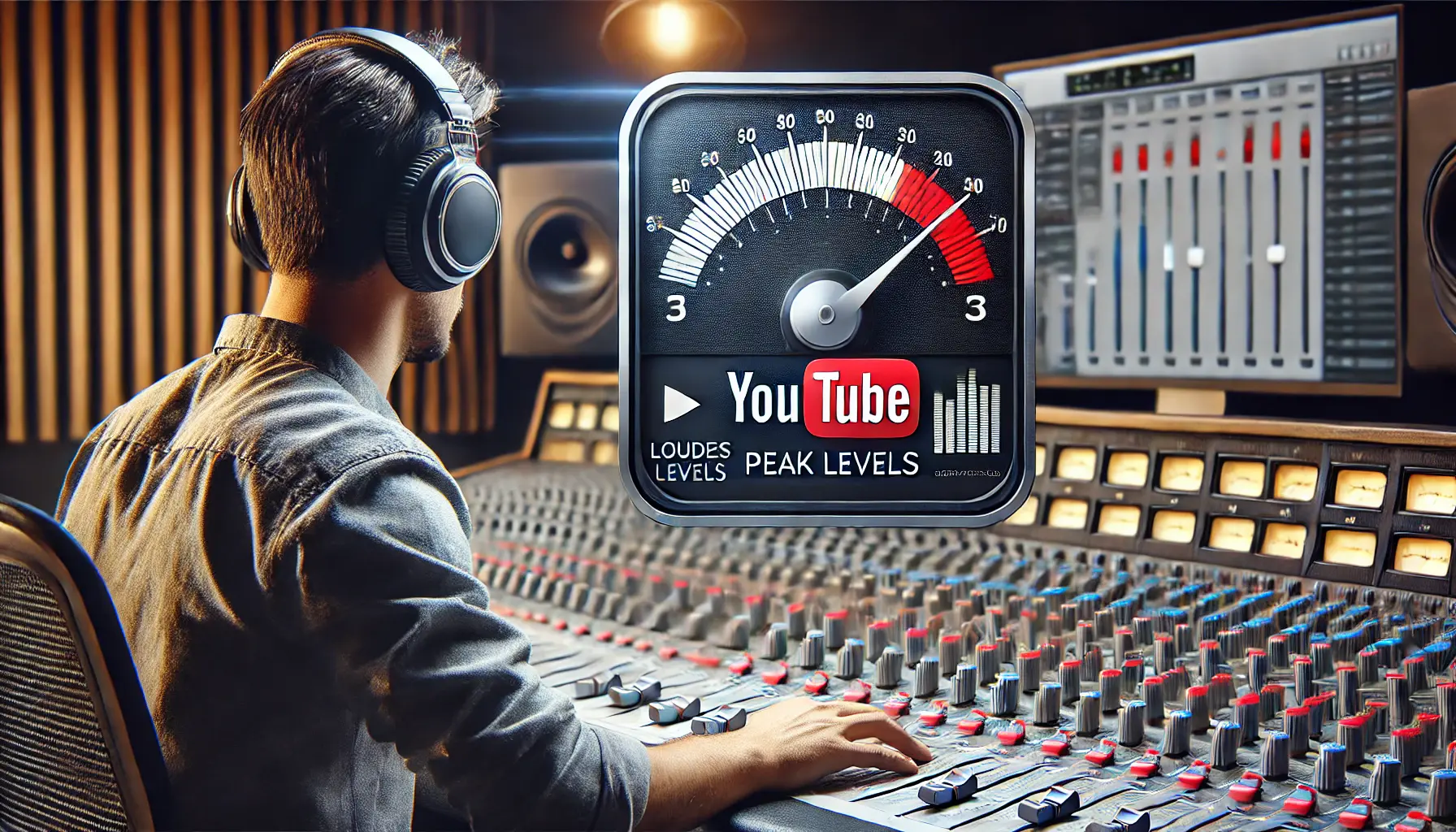 Professional image of an audio mixing console with a digital level meter showing balanced audio levels for YouTube standards.