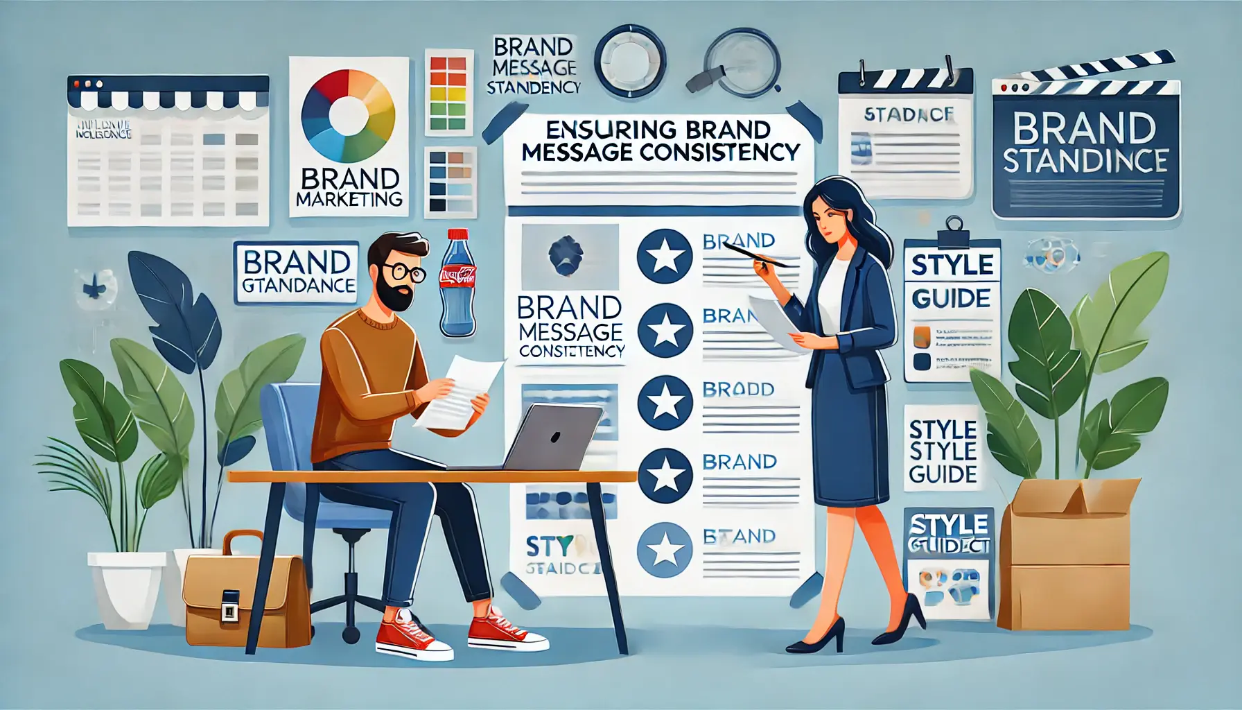 An illustration showing a marketer providing brand guidelines to an influencer, with visual elements like a brand color palette, product images, and style guides.