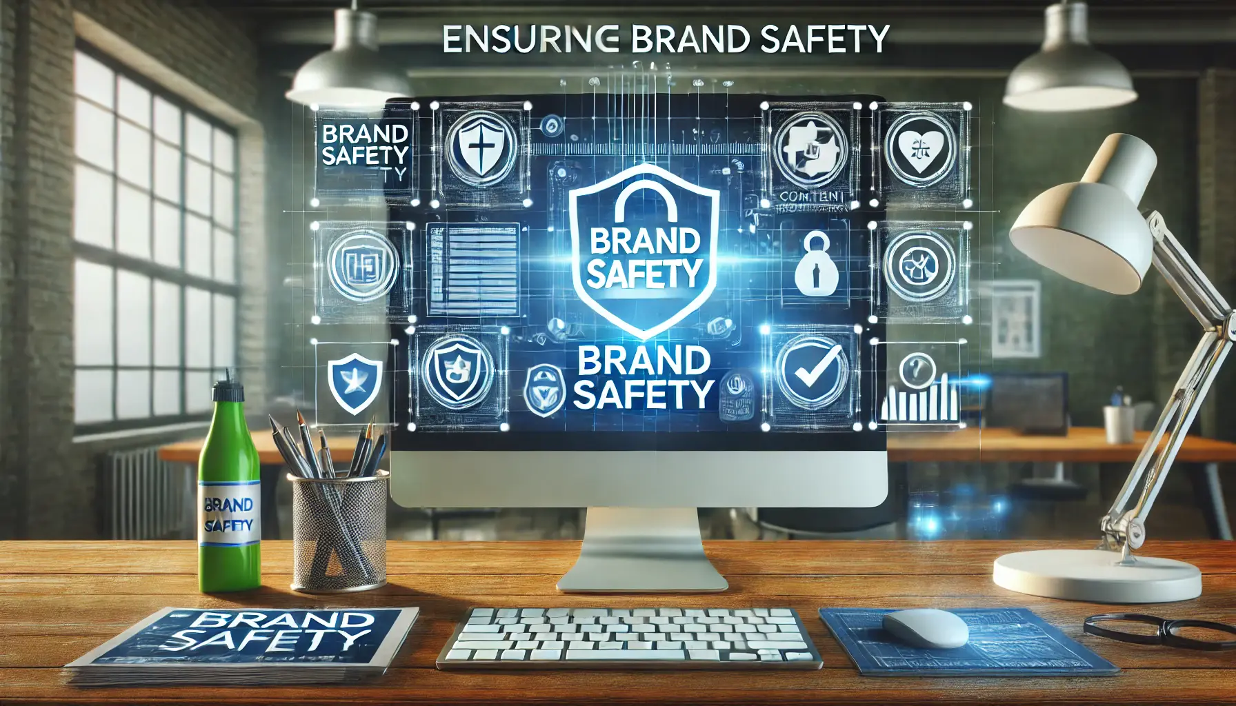 A digital workspace symbolizing the process of ensuring brand safety in digital advertising.