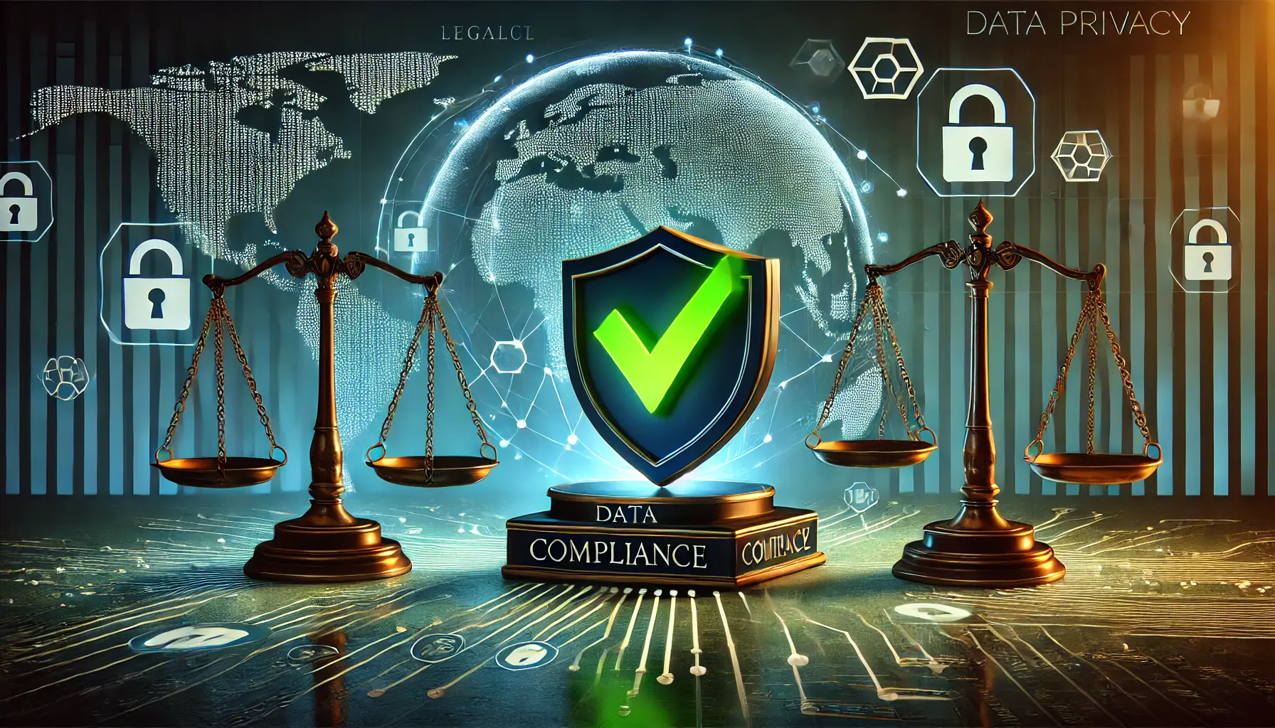 A glowing compliance checkmark surrounded by legal scales, privacy shields, and digital data streams, set against a global map backdrop, symbolizing adherence to privacy regulations.