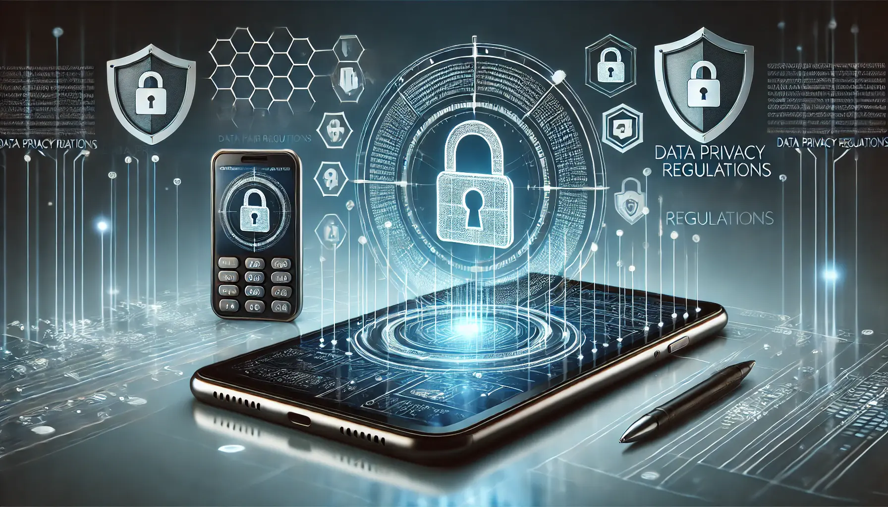 An image showing a smartphone with a secure, encrypted data transfer interface, including locks, shields, and secure data streams to represent data privacy and compliance.