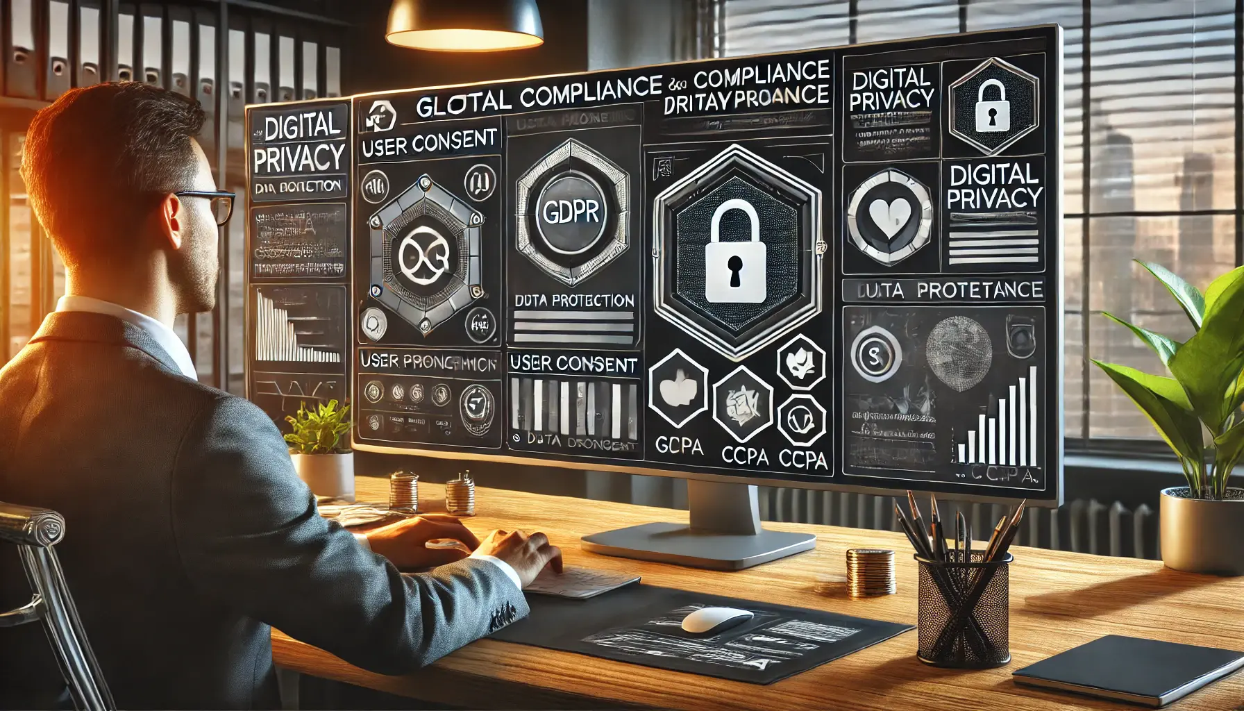 A digital marketing workspace showing a dashboard for managing user consent and privacy compliance with GDPR and CCPA.