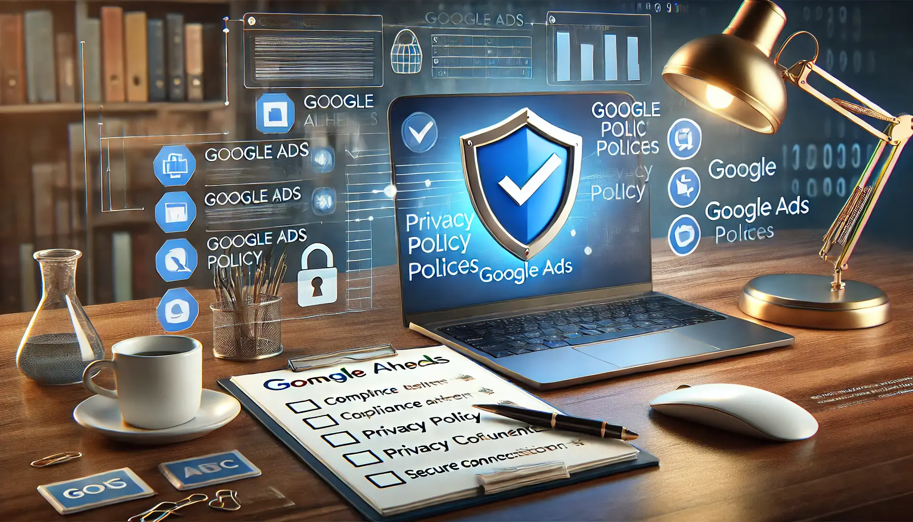 An image showing a compliance checklist on a laptop screen with symbols for policy adherence, privacy, and security.