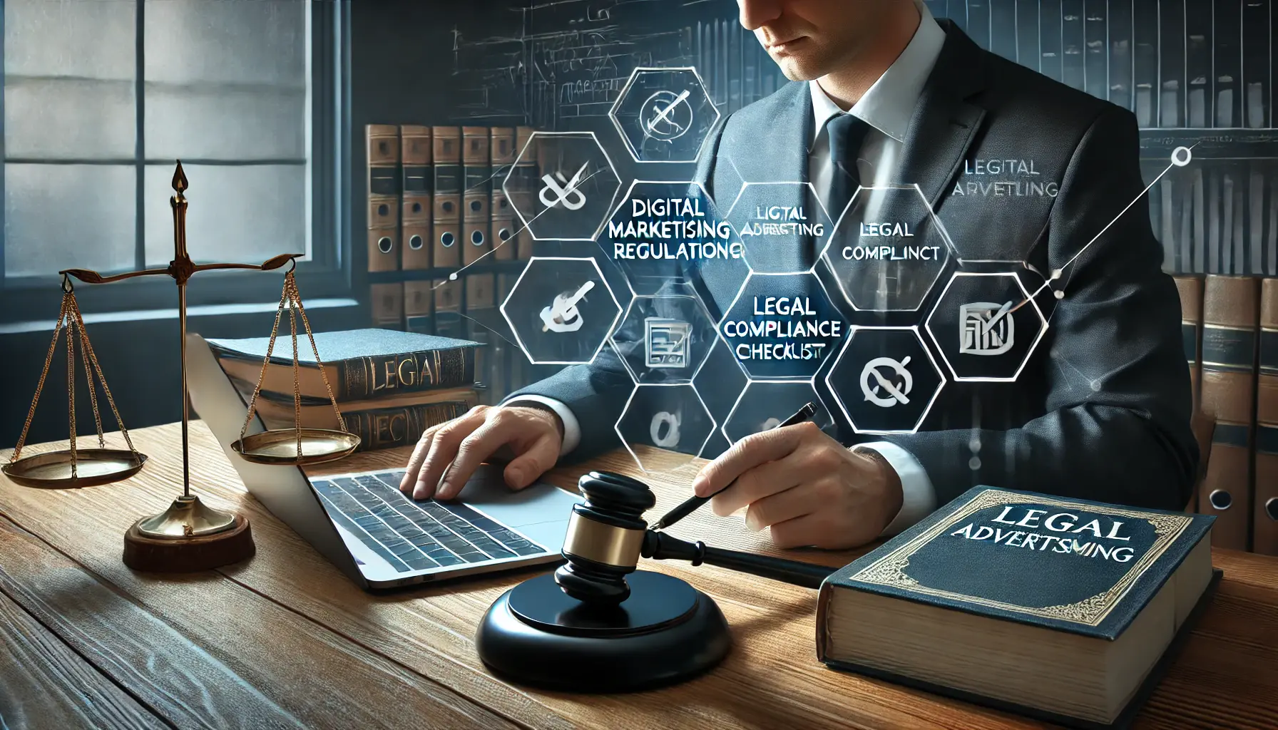 Illustration of a lawyer reviewing a digital compliance checklist on a laptop, with legal office elements in the background.