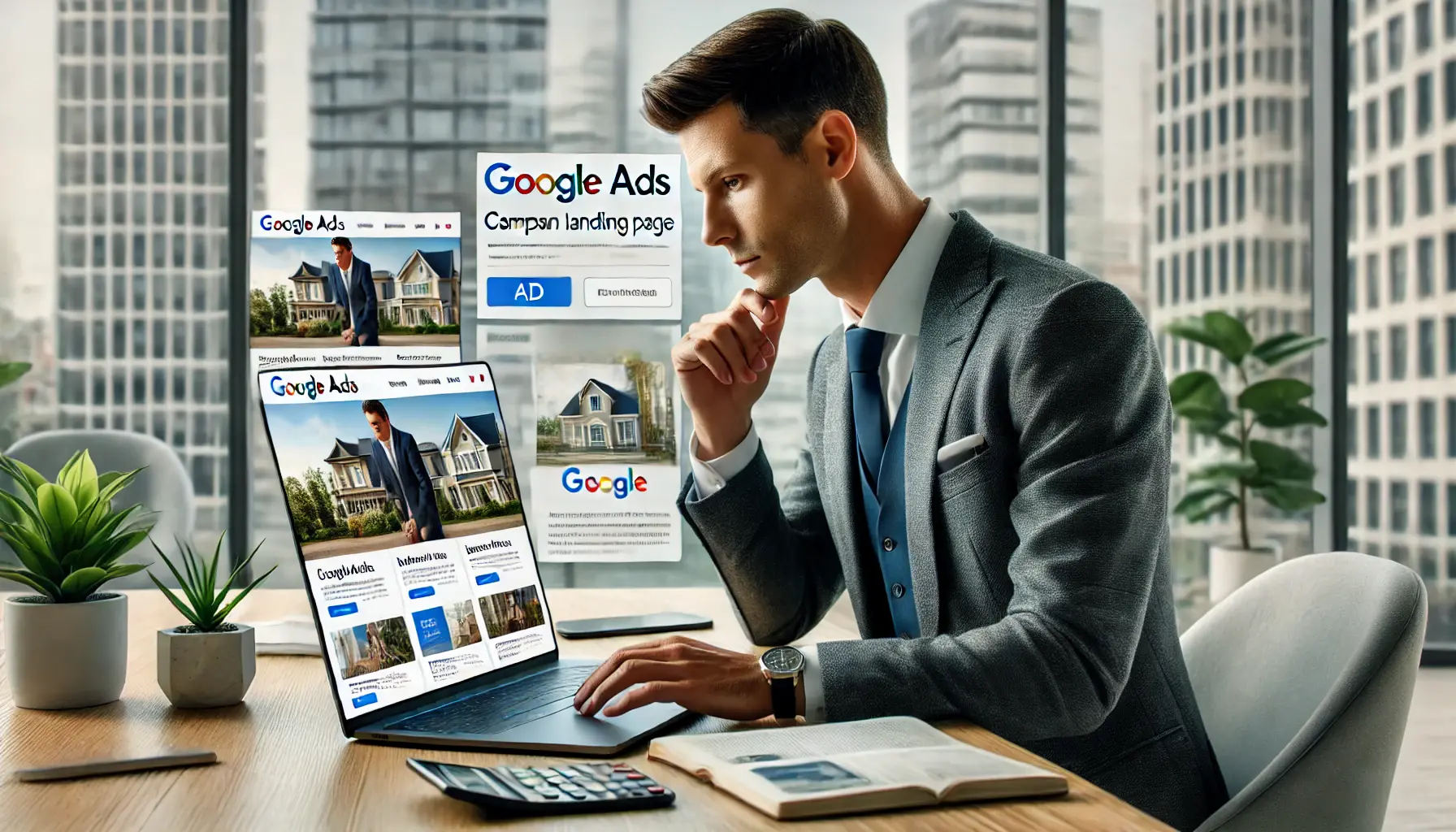 A real estate agent comparing a Google Ads campaign ad with a landing page on a laptop to ensure design consistency.