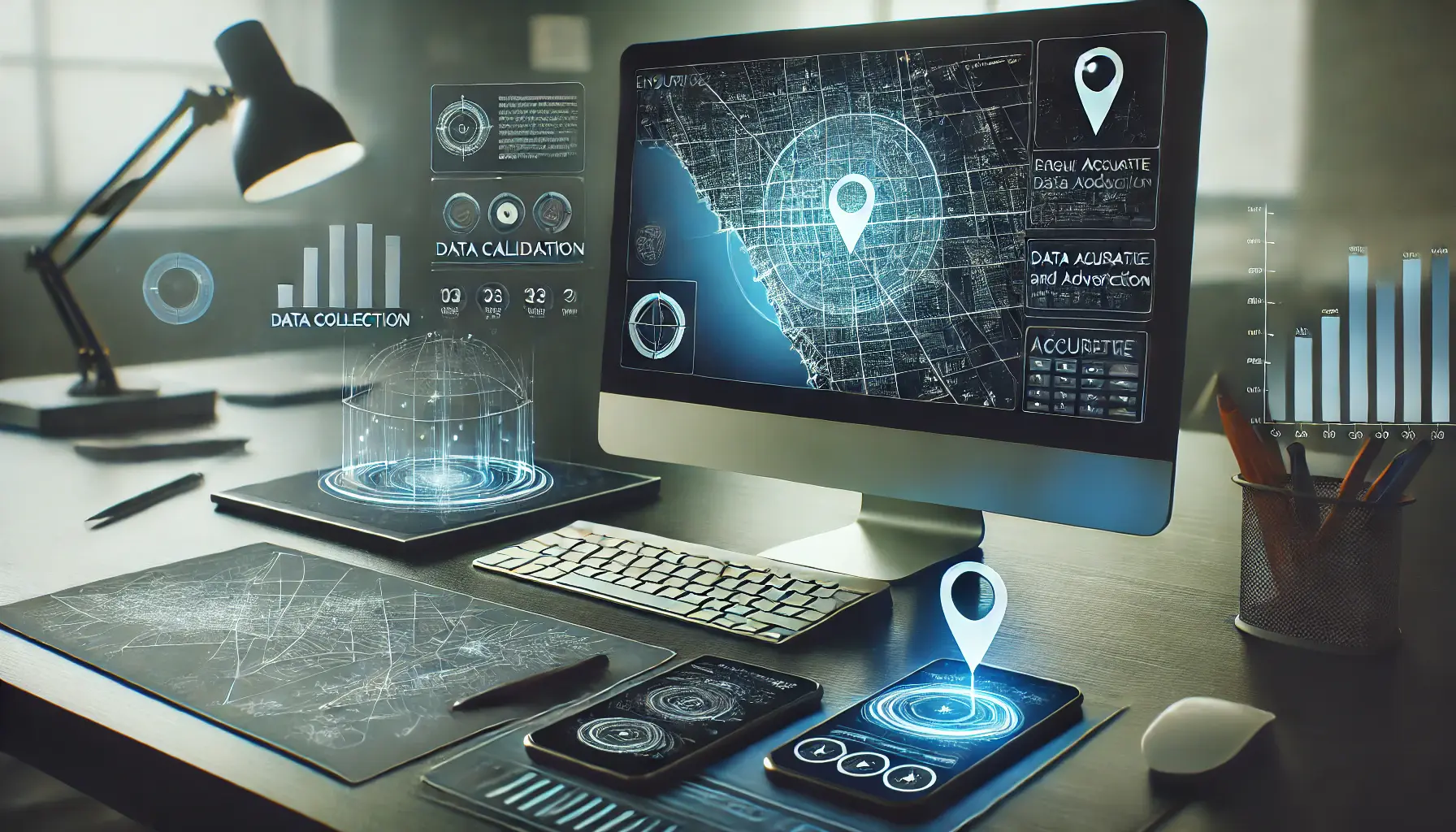 A computer screen showing a map with precise data points and analytics, emphasizing data accuracy and validation tools.