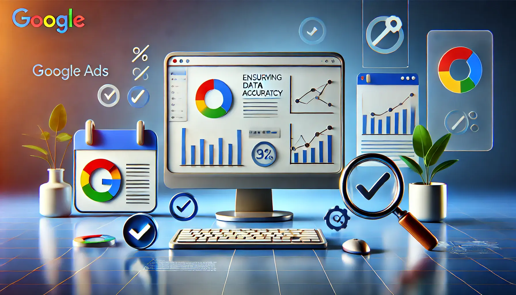 A digital workspace displaying data analytics with icons representing data accuracy, such as a magnifying glass and check marks.