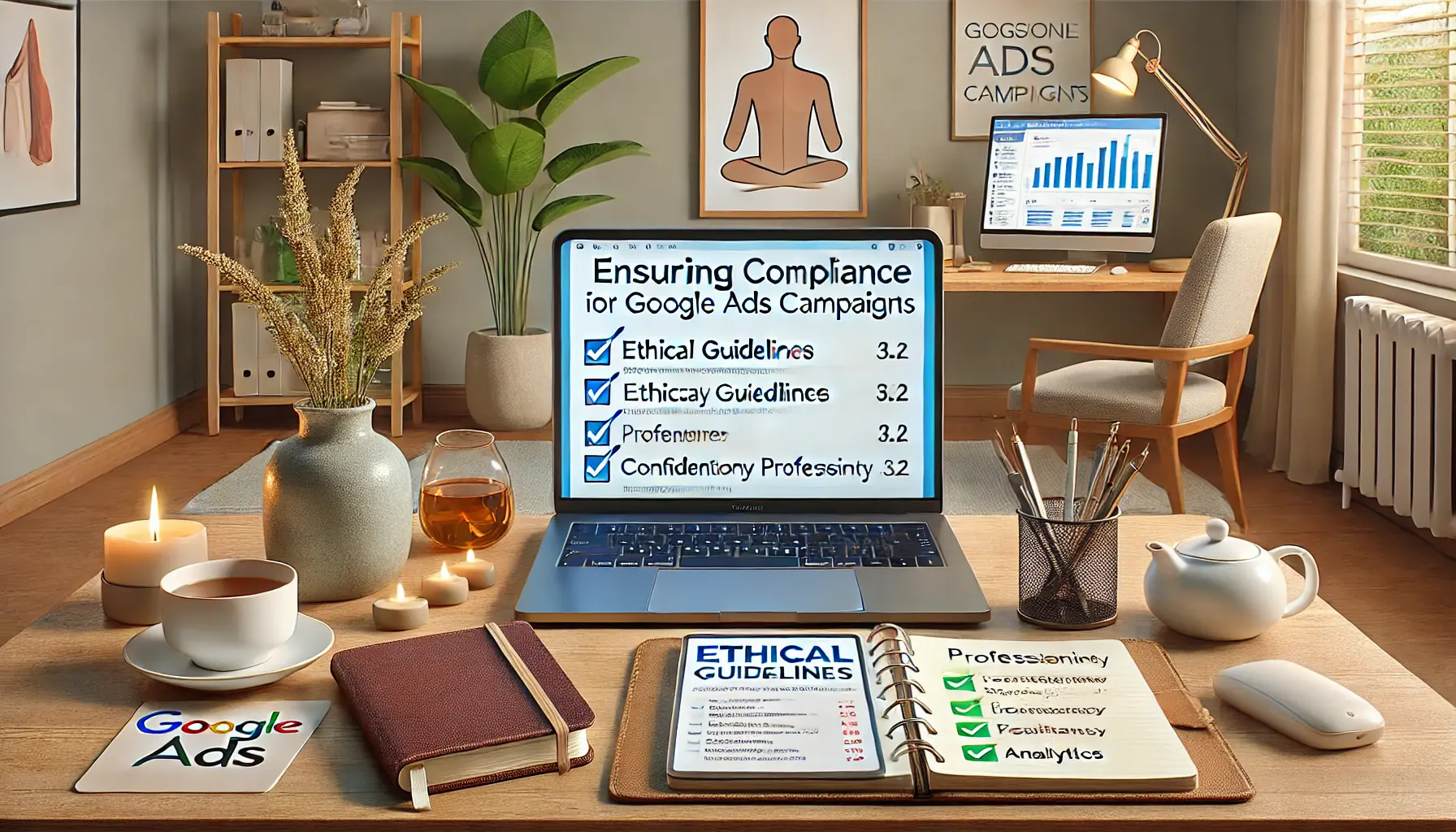 An image showing a laptop with an ethical guidelines checklist for Google Ads, surrounded by notes and a professional therapy office setup.