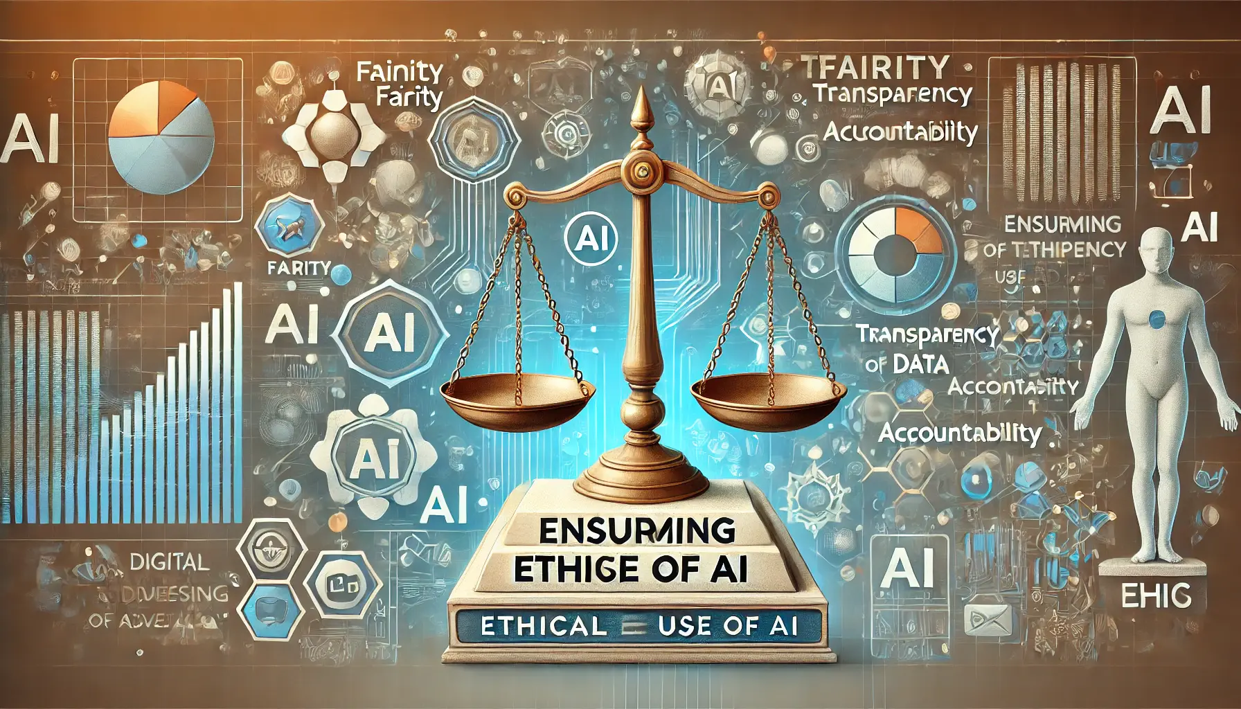 A visual representation of ethical AI use in advertising, with balanced scales, transparent data flows, and decision-making processes.