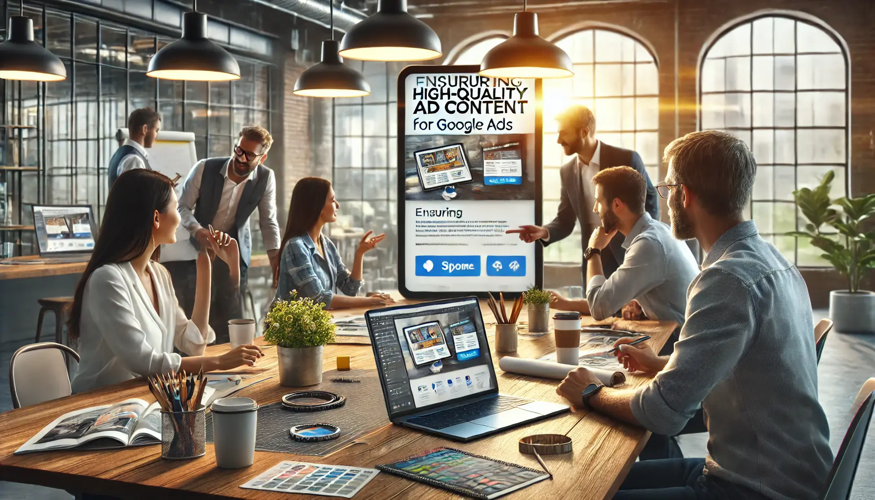 A creative team collaborating around a table, reviewing high-quality ad content on a laptop screen in a modern office setting.