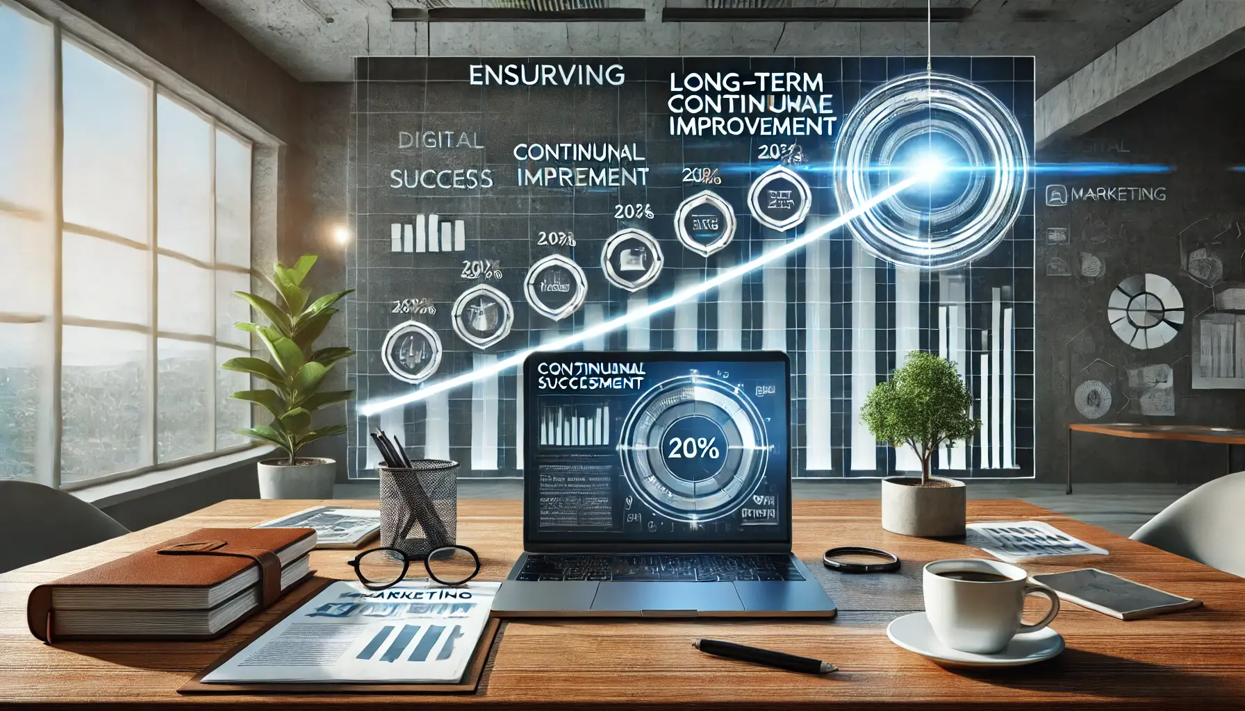 A digital marketer reviewing performance data on a laptop, with a whiteboard displaying charts representing continuous growth and progress.