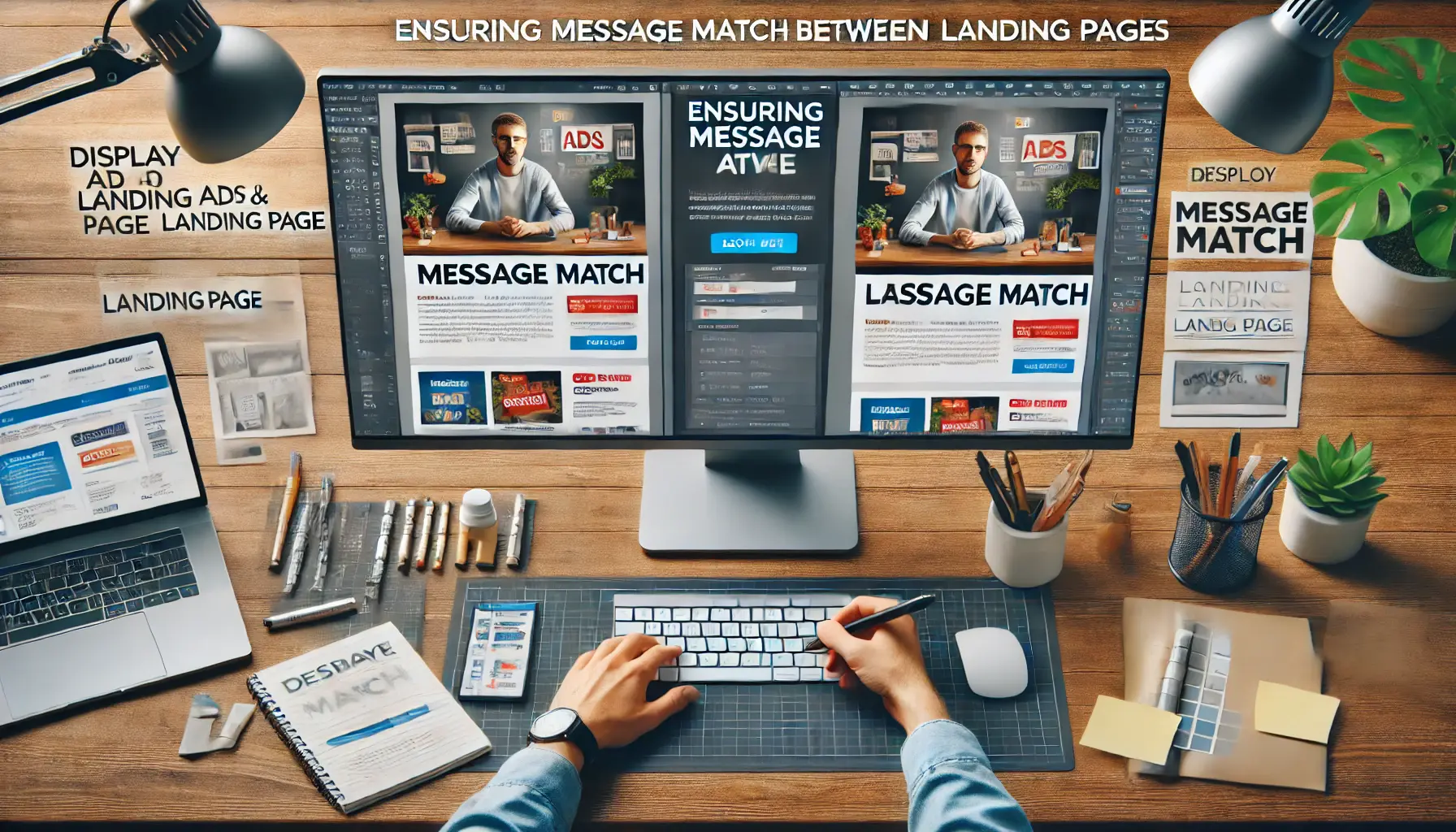 A designer comparing a display ad and a landing page on two computer screens, ensuring consistent branding, colors, and messaging.