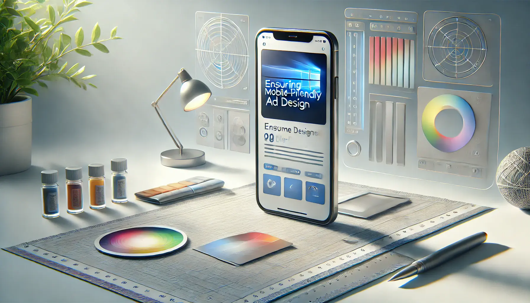 A smartphone displaying a mobile-optimized ad with design tools like a ruler, color palette, and wireframe.