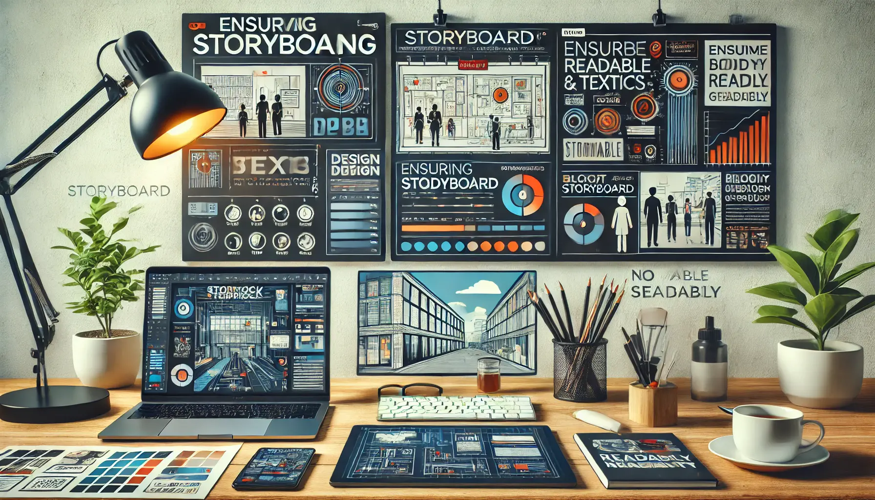 A modern workspace with a storyboard showing high-contrast visuals and bold graphics, emphasizing readability in design for storyboarding.