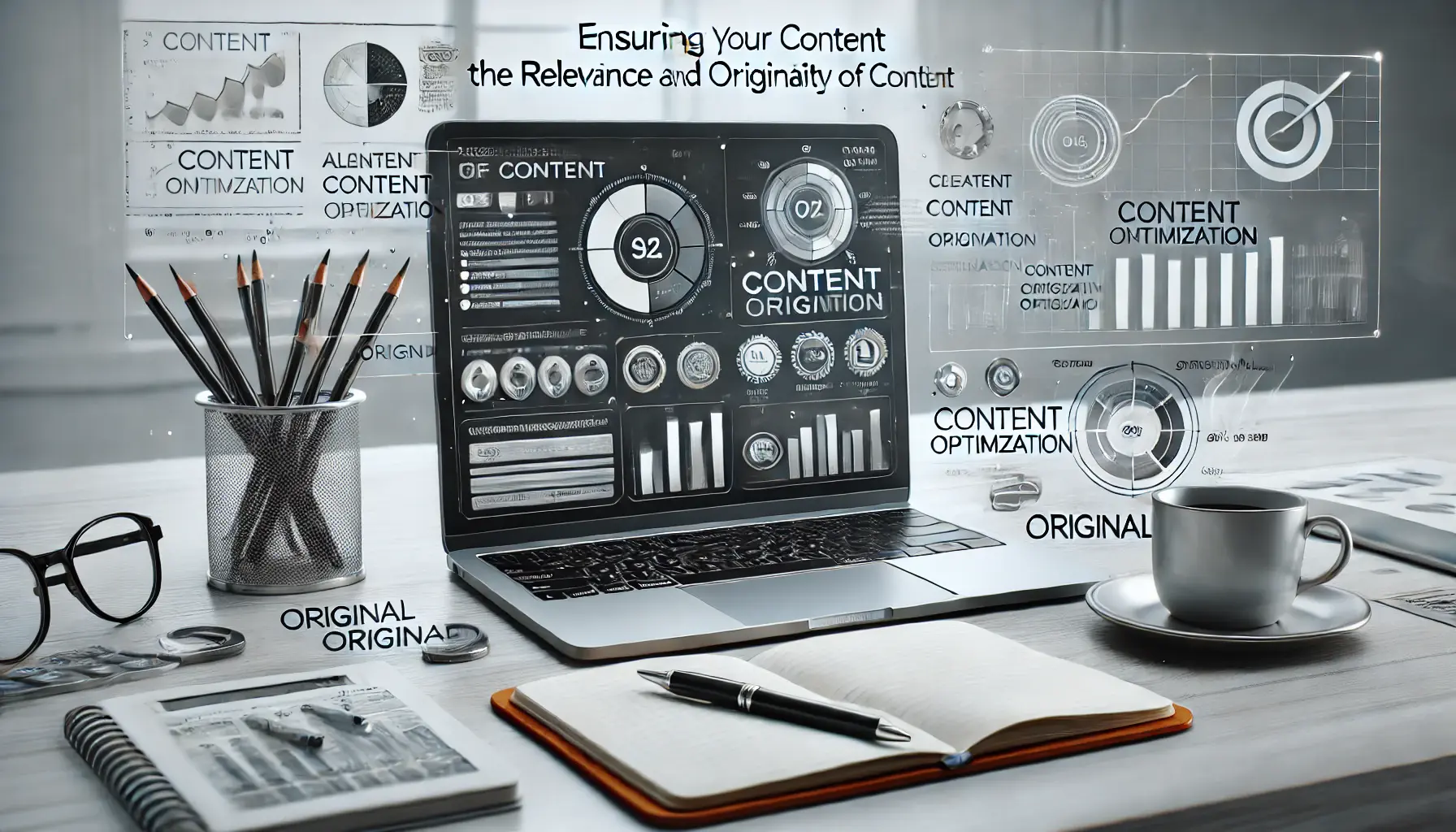 A digital marketing workspace with a laptop displaying content creation and optimization tools.