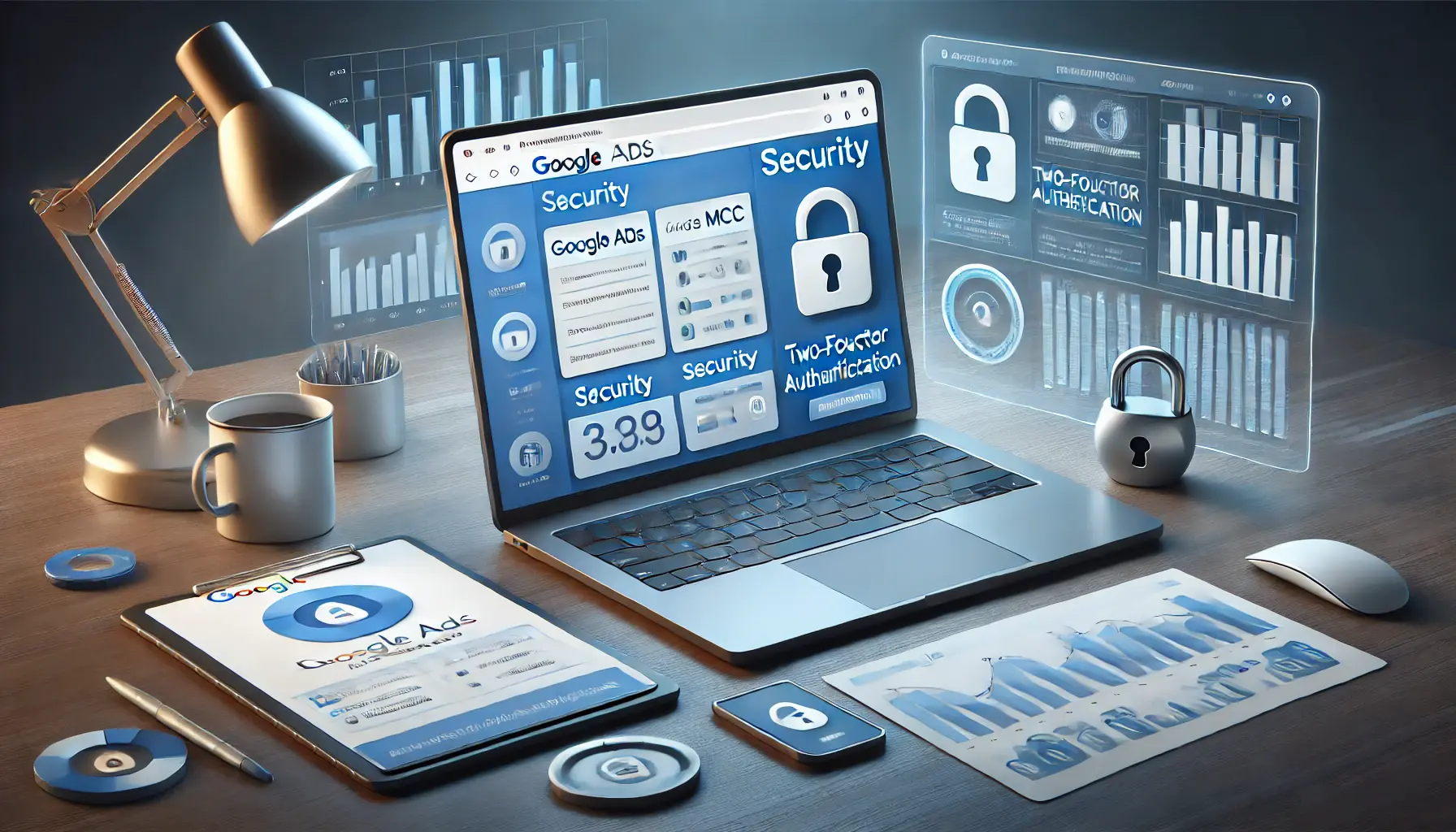 A workspace with a laptop displaying MCC security settings and symbols of account protection.