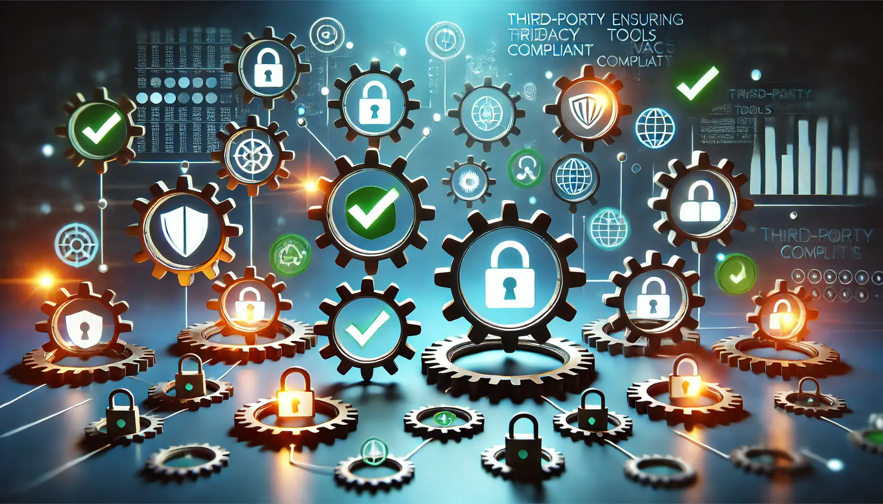 Interconnected gears with digital icons like padlocks, shields, and compliance checkmarks, symbolizing privacy-compliant third-party tools.