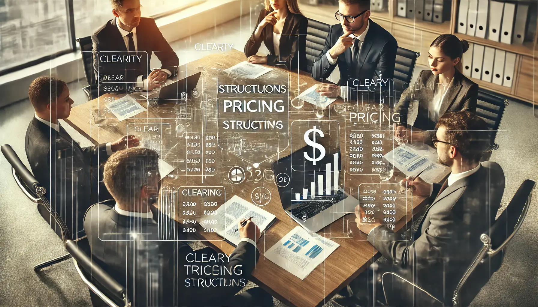 A team of professionals reviewing and discussing transparent pricing structures in a modern office setting.