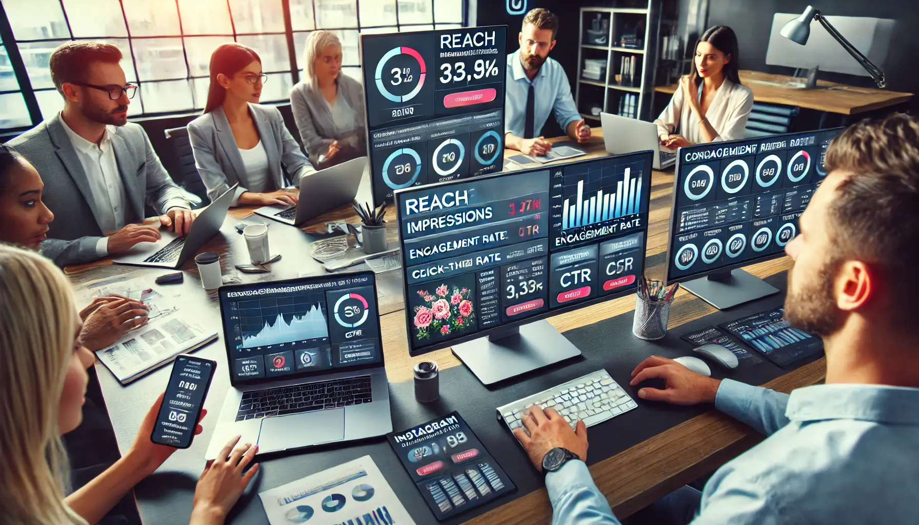 A digital marketing team analyzing Instagram ad performance metrics like reach, impressions, engagement rate, and conversion rate on multiple screens.