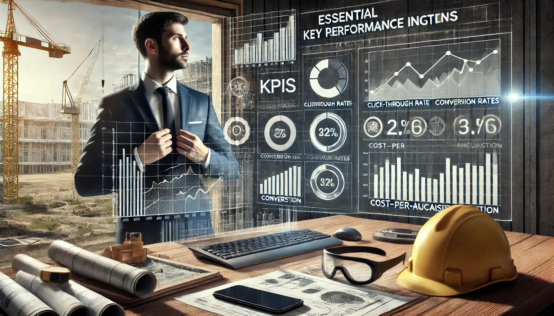 Digital marketer analyzing KPIs on a computer screen, with construction blueprints, a hard hat, and a smartphone on the desk.