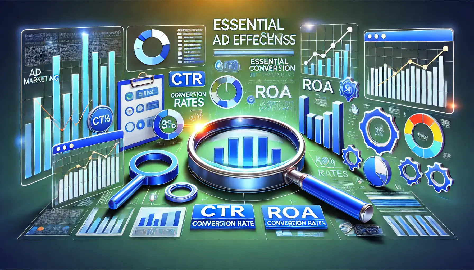 A professional digital marketing scene with data charts, bar graphs, and magnifying glasses, illustrating essential metrics for ad effectiveness.