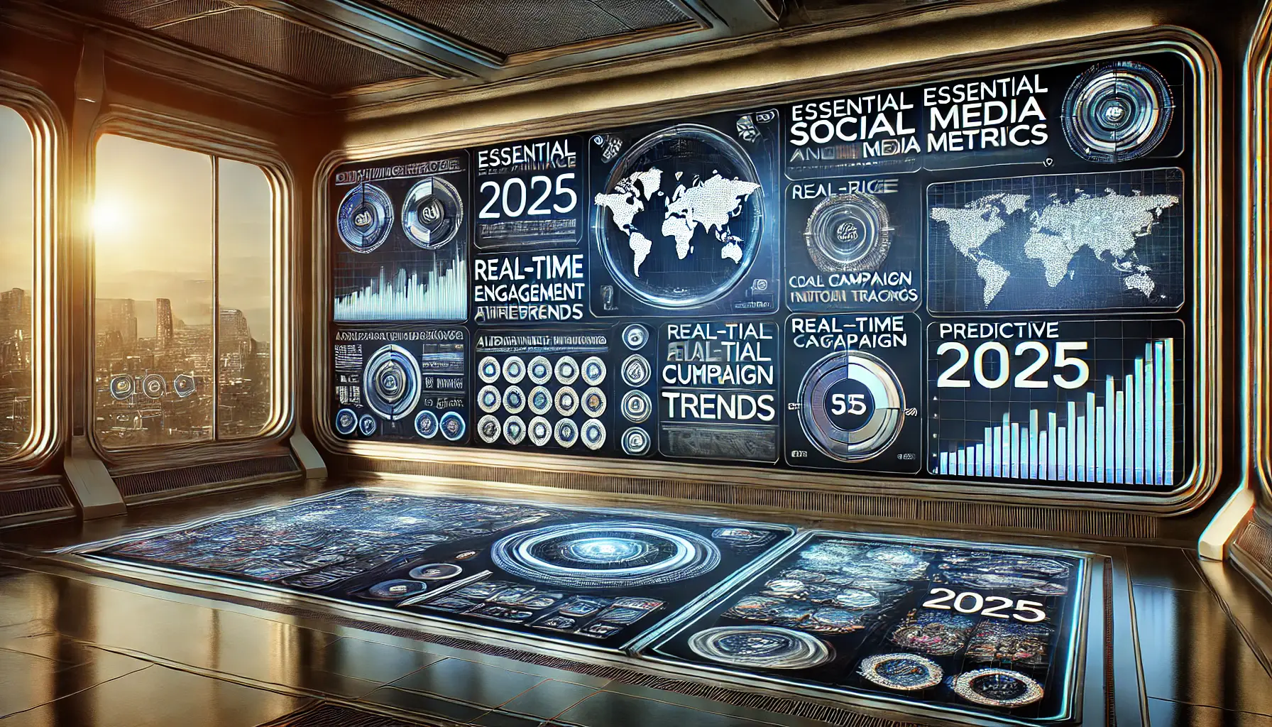 A futuristic analytics dashboard displaying essential social media metrics for 2025, including AI-driven audience insights, real-time performance tracking, and predictive analytics charts.