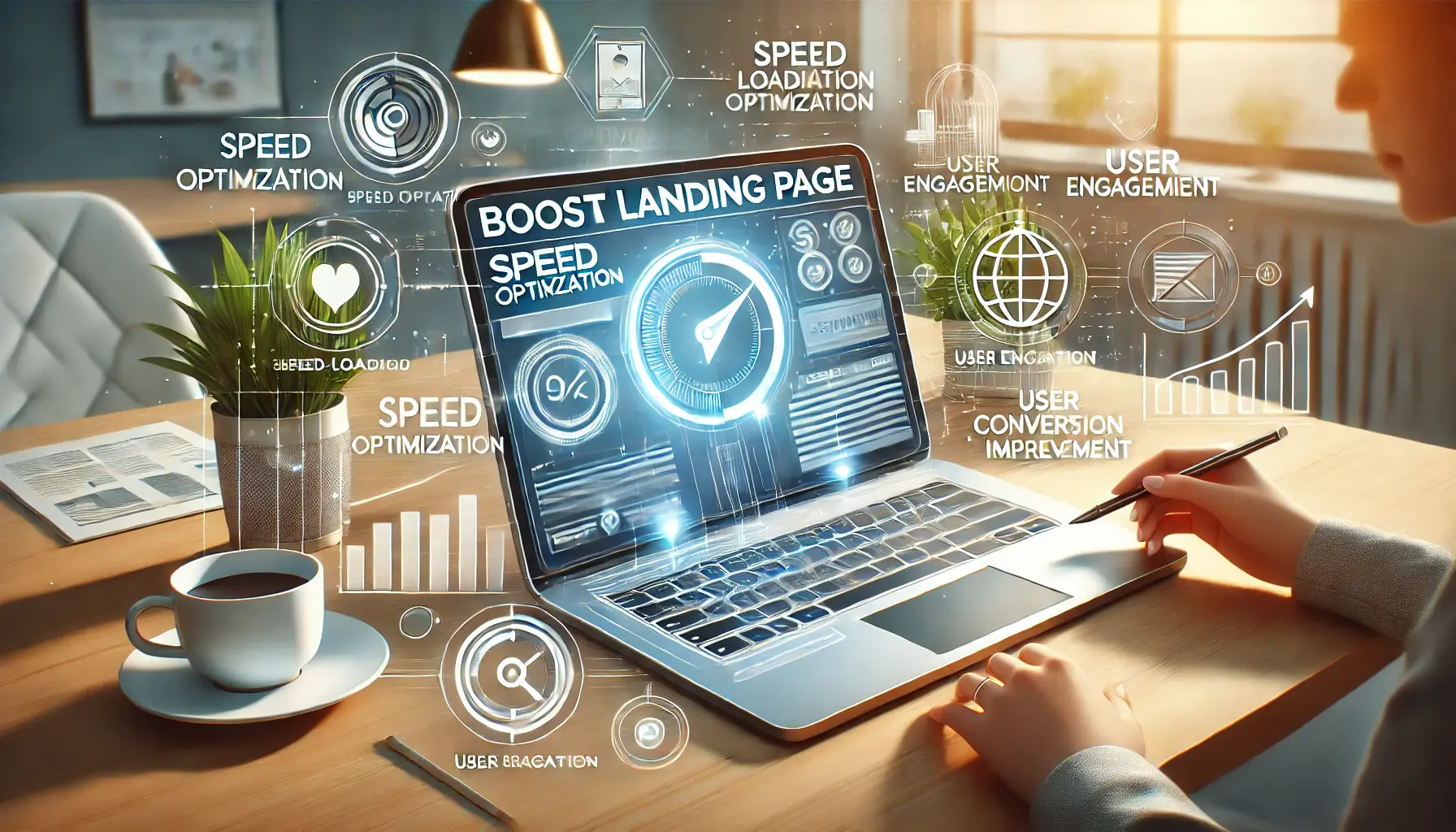 A laptop displaying an optimized landing page with fast-loading visuals, clear CTAs, and engaging content, surrounded by strategy icons.