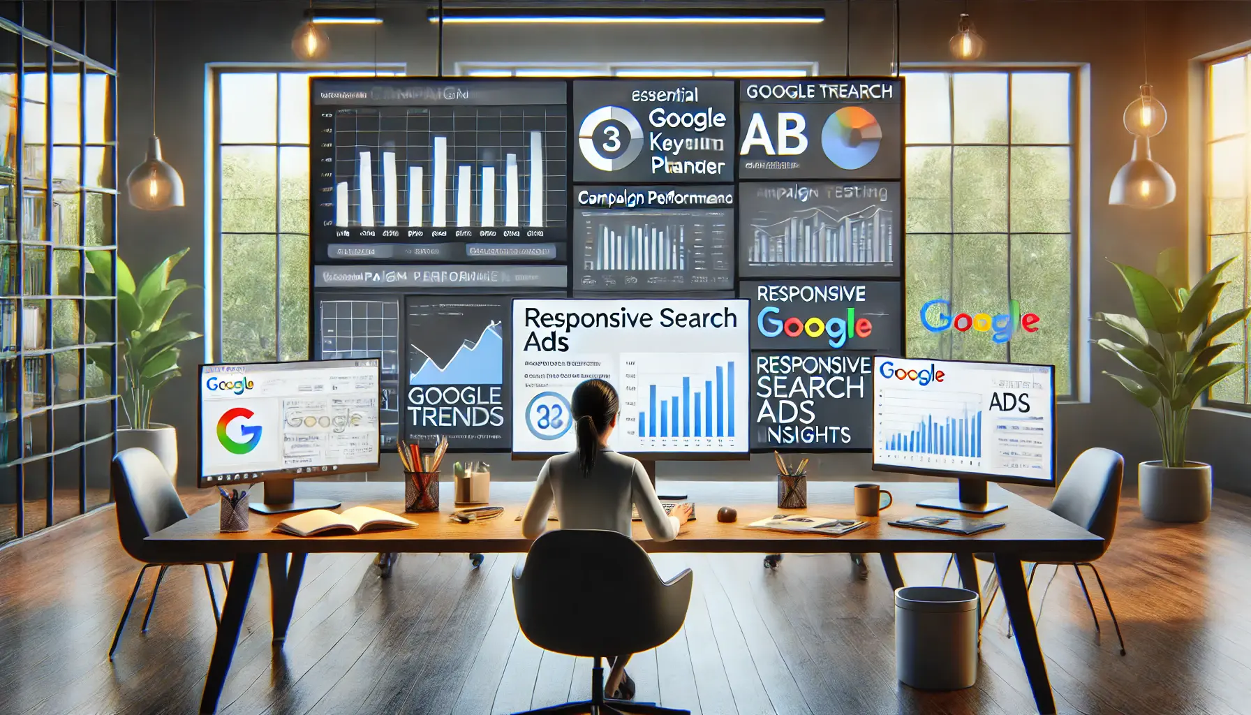 A modern workspace showcasing Google Ads tools like Keyword Planner, campaign analytics, and A/B testing results on multiple screens with a person optimizing campaigns.