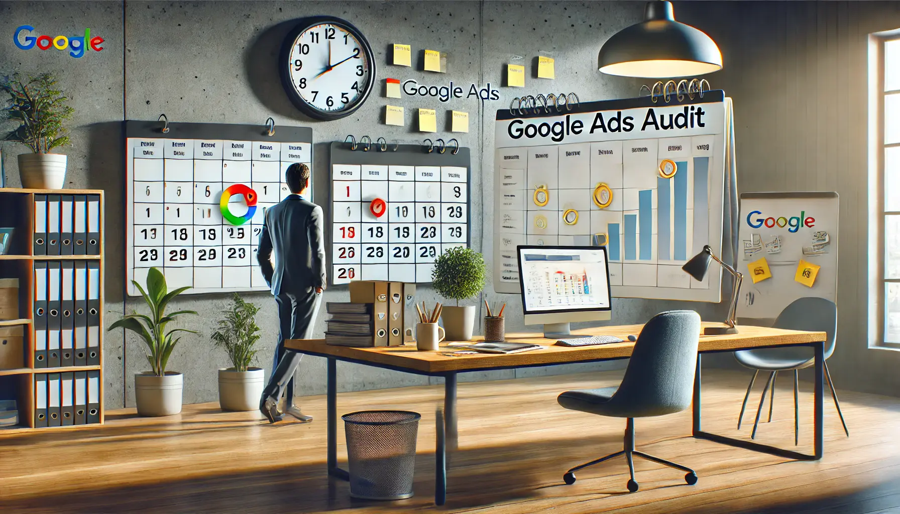 A digital marketer planning a timeline for a Google Ads audit, with a calendar and progress bar visualization on a large screen.