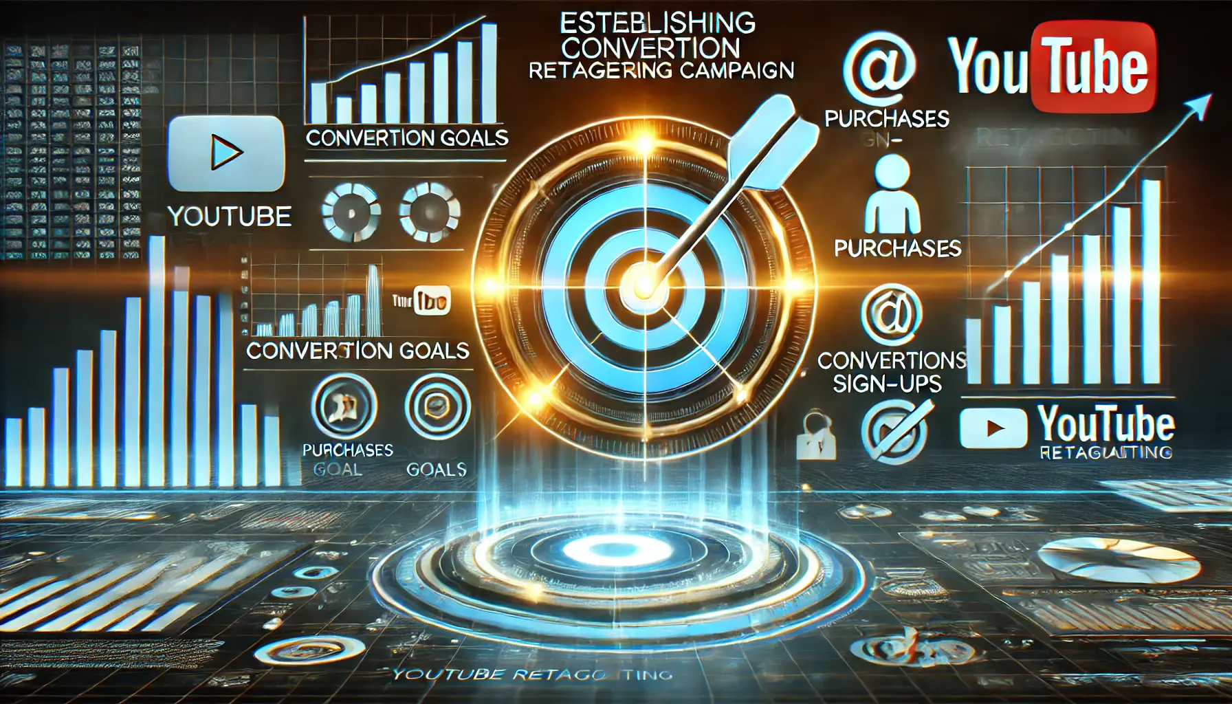 A digital marketing dashboard with goal-setting elements such as target symbols, progress bars, and conversion tracking visuals, representing the process of establishing conversion goals.