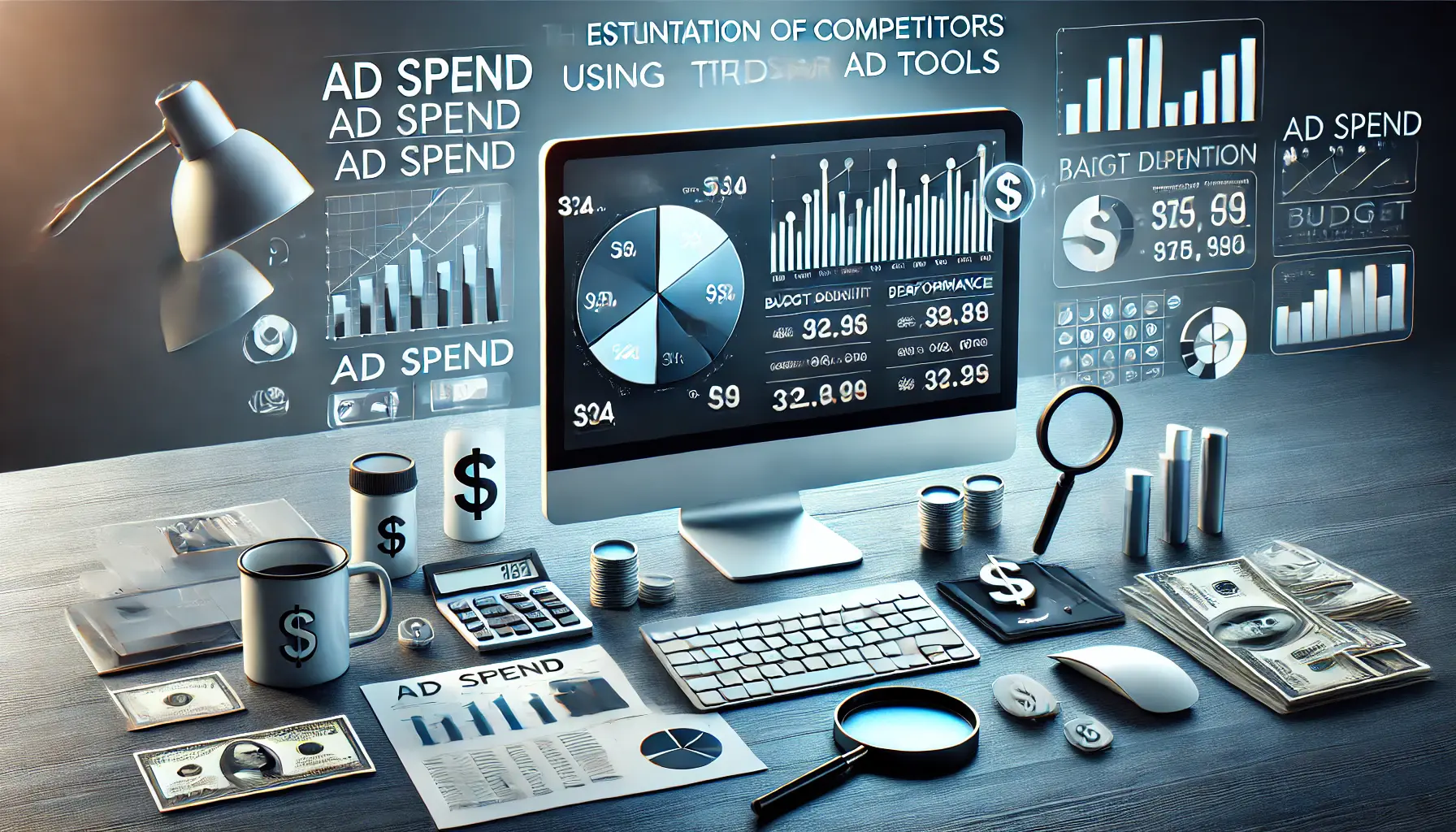 A professional workspace showcasing a computer screen with an analytics dashboard displaying ad spend graphs, budget distribution, and performance charts, surrounded by icons like magnifying glasses and dollar symbols.