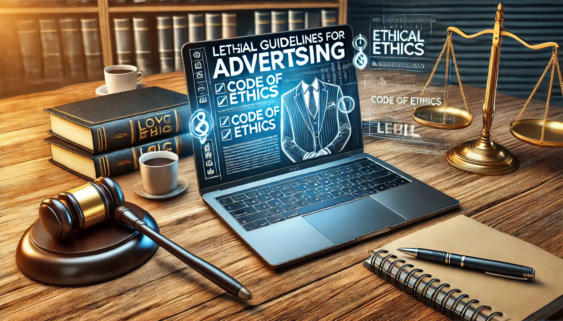 A professional office desk with a laptop displaying legal guidelines for advertising, a gavel, legal books, and a coffee cup, symbolizing ethical and legal considerations in lawyer advertising.