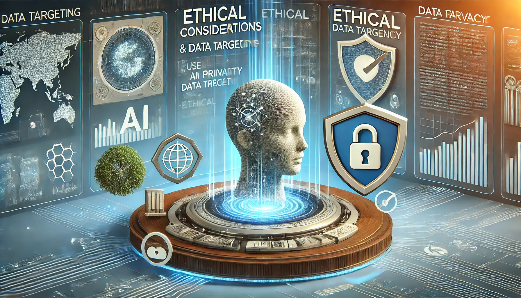 A digital environment with AI analyzing data, protected by a shield symbolizing privacy and security, with secure data streams and consent icons.