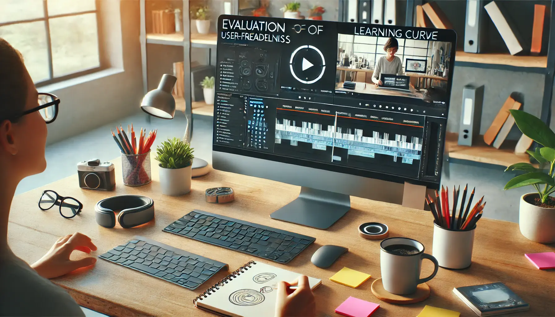 Modern workspace with a monitor displaying a video editing tutorial and tools for evaluation.